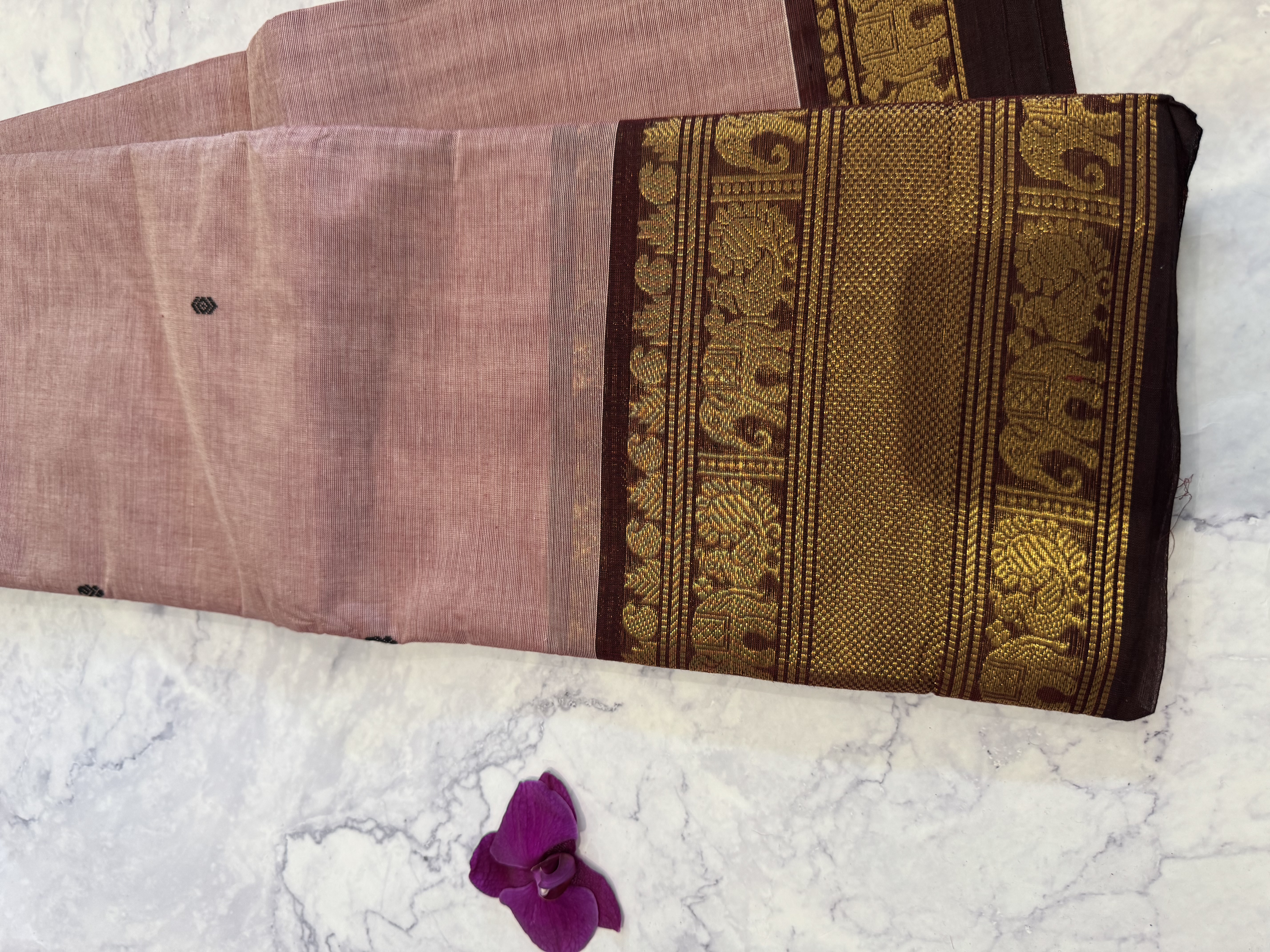Pink cotton saree with brown border