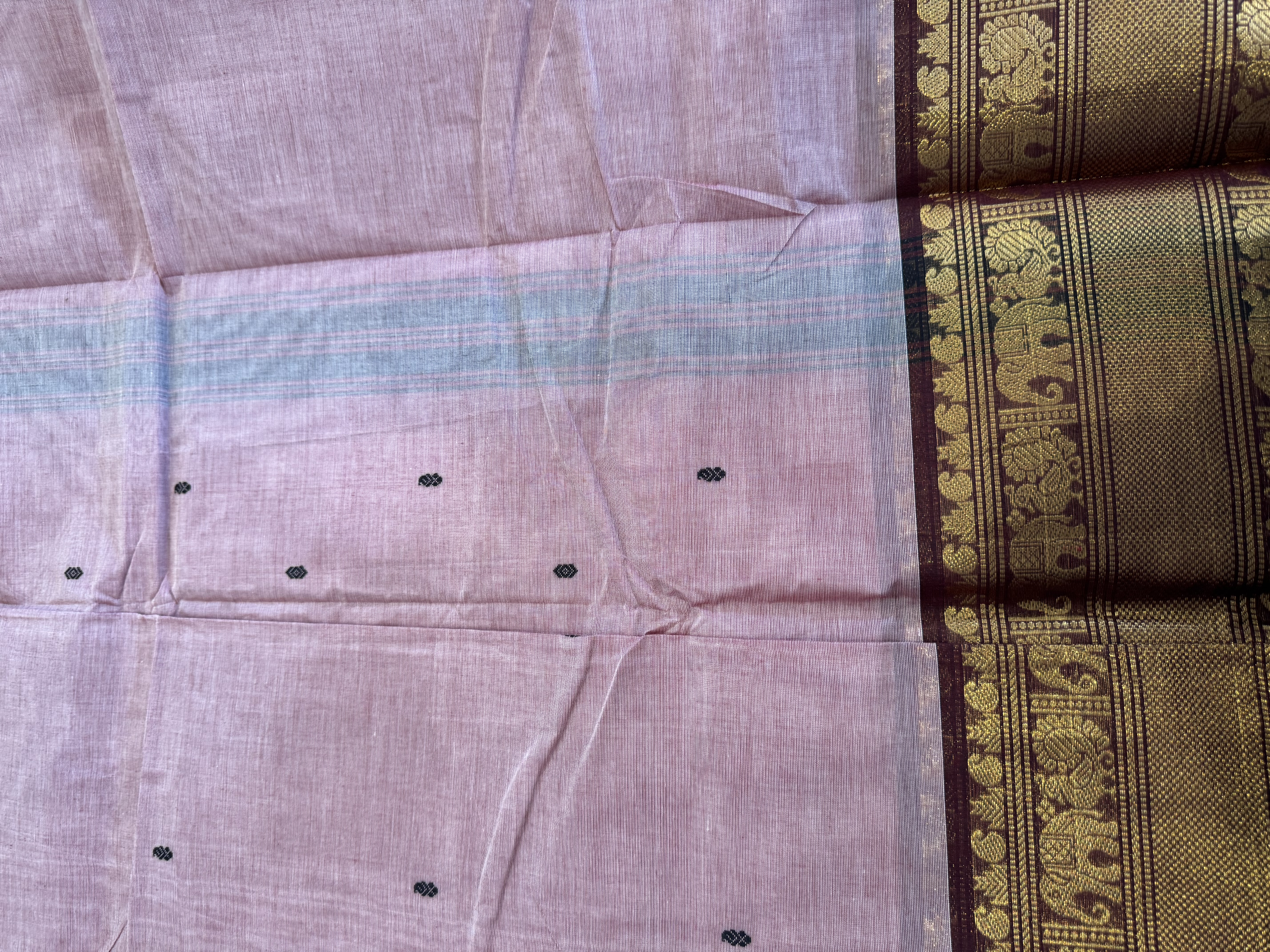 Pink cotton saree with brown border