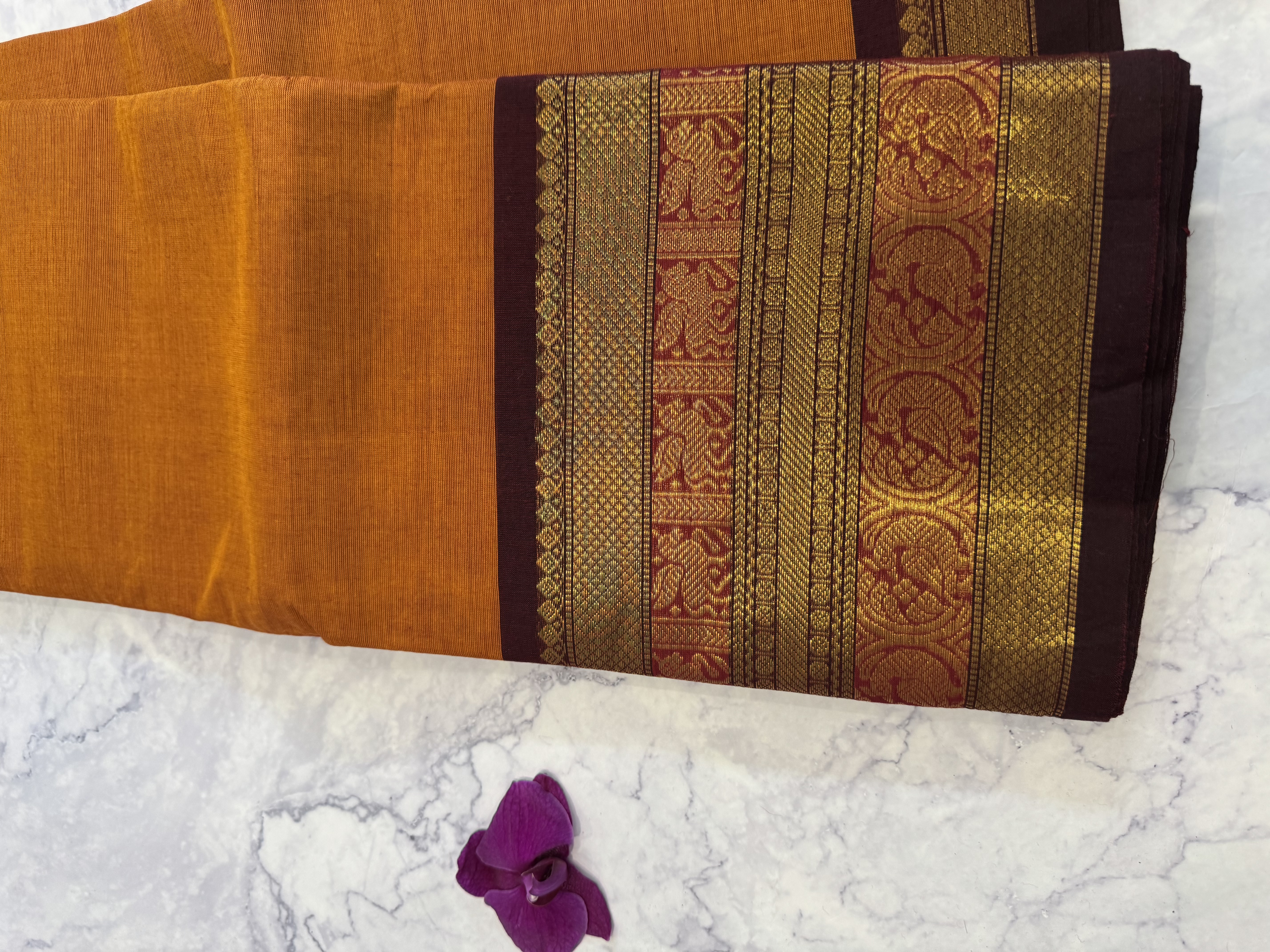 Orange cotton saree with brown border