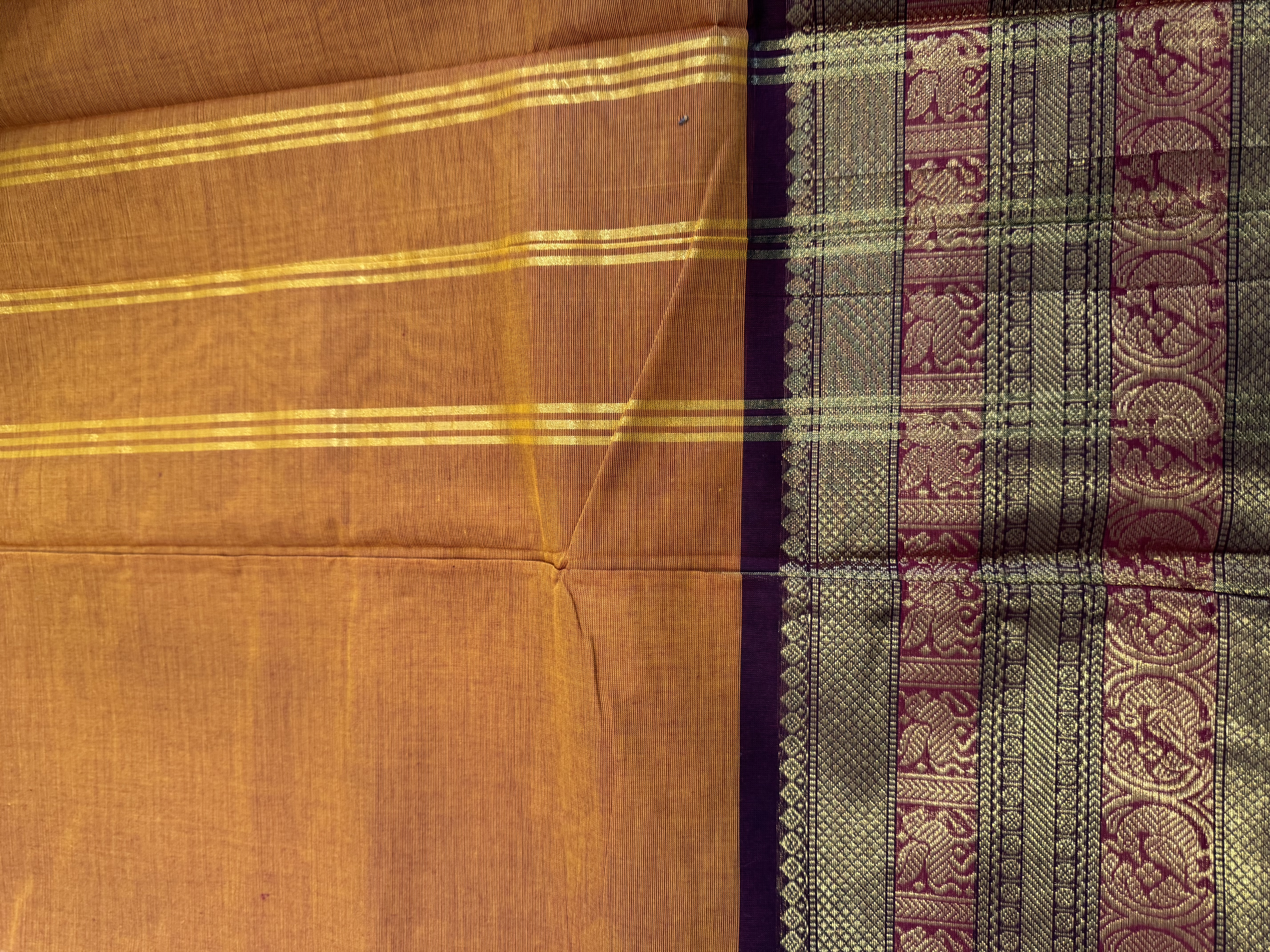 Orange cotton saree with brown border
