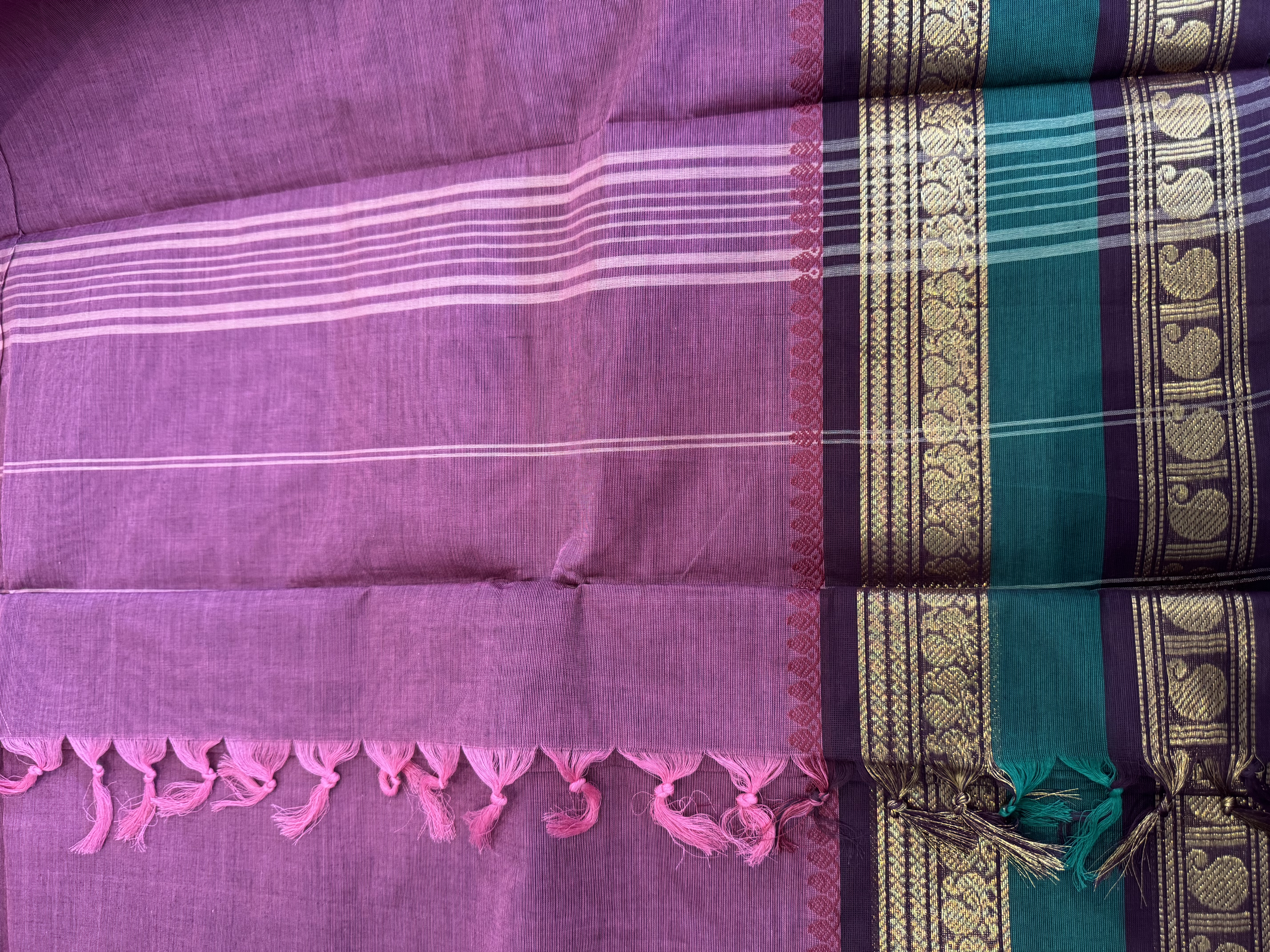 Blush pink cotton saree with green border