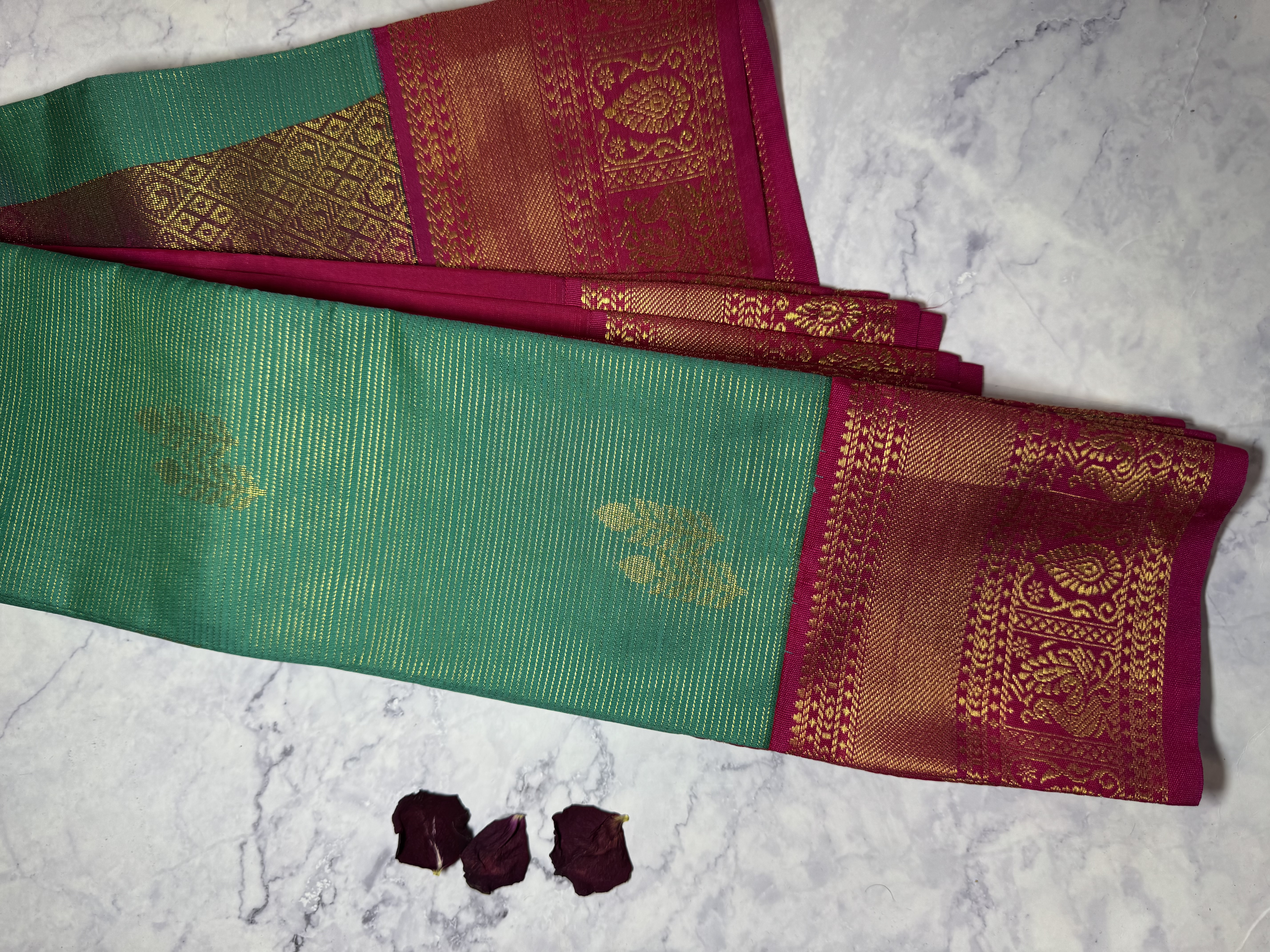 Teal green vaira oosi soft silk with pink blouse