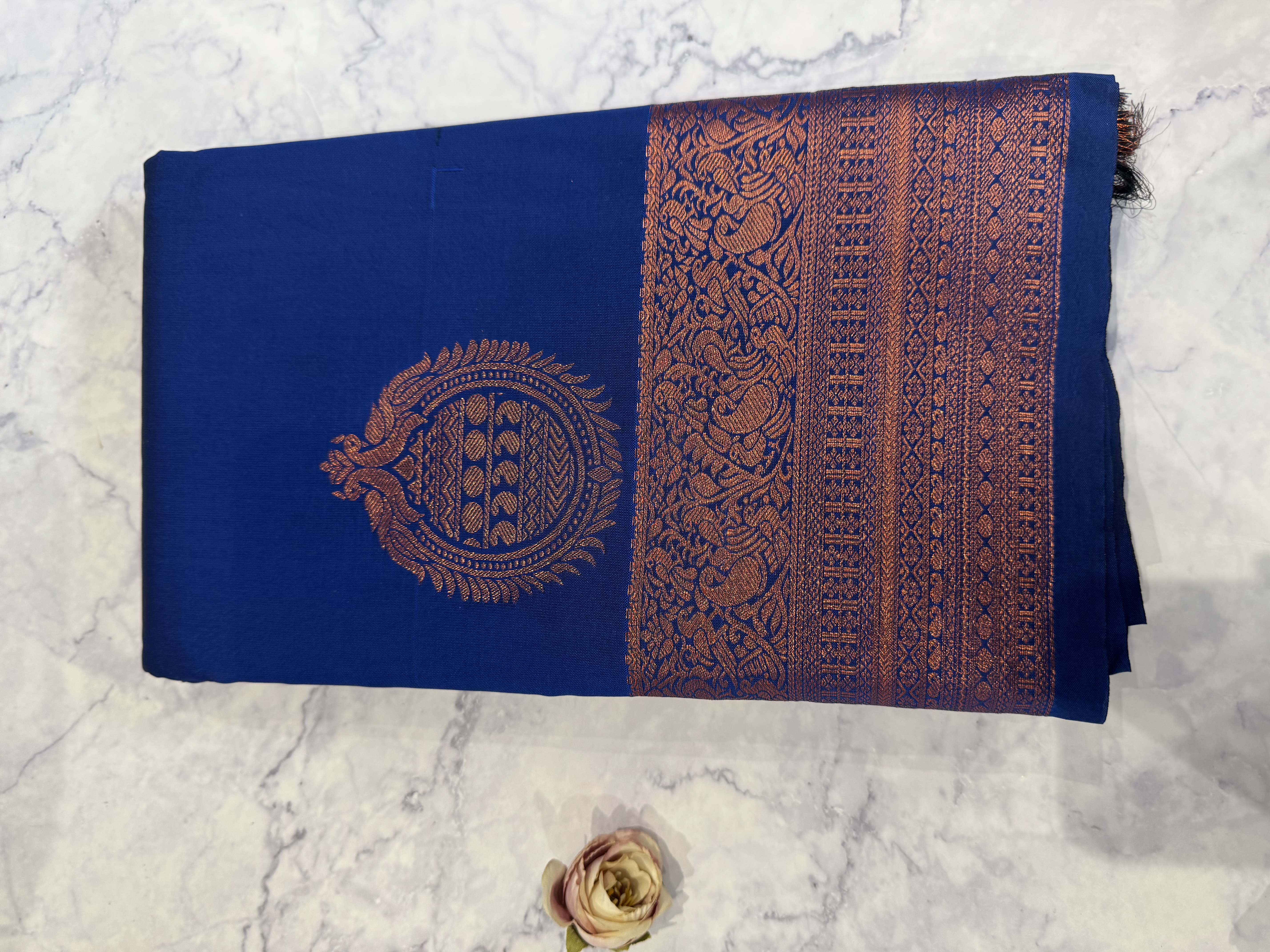 Royal blue semi silk with copper zari