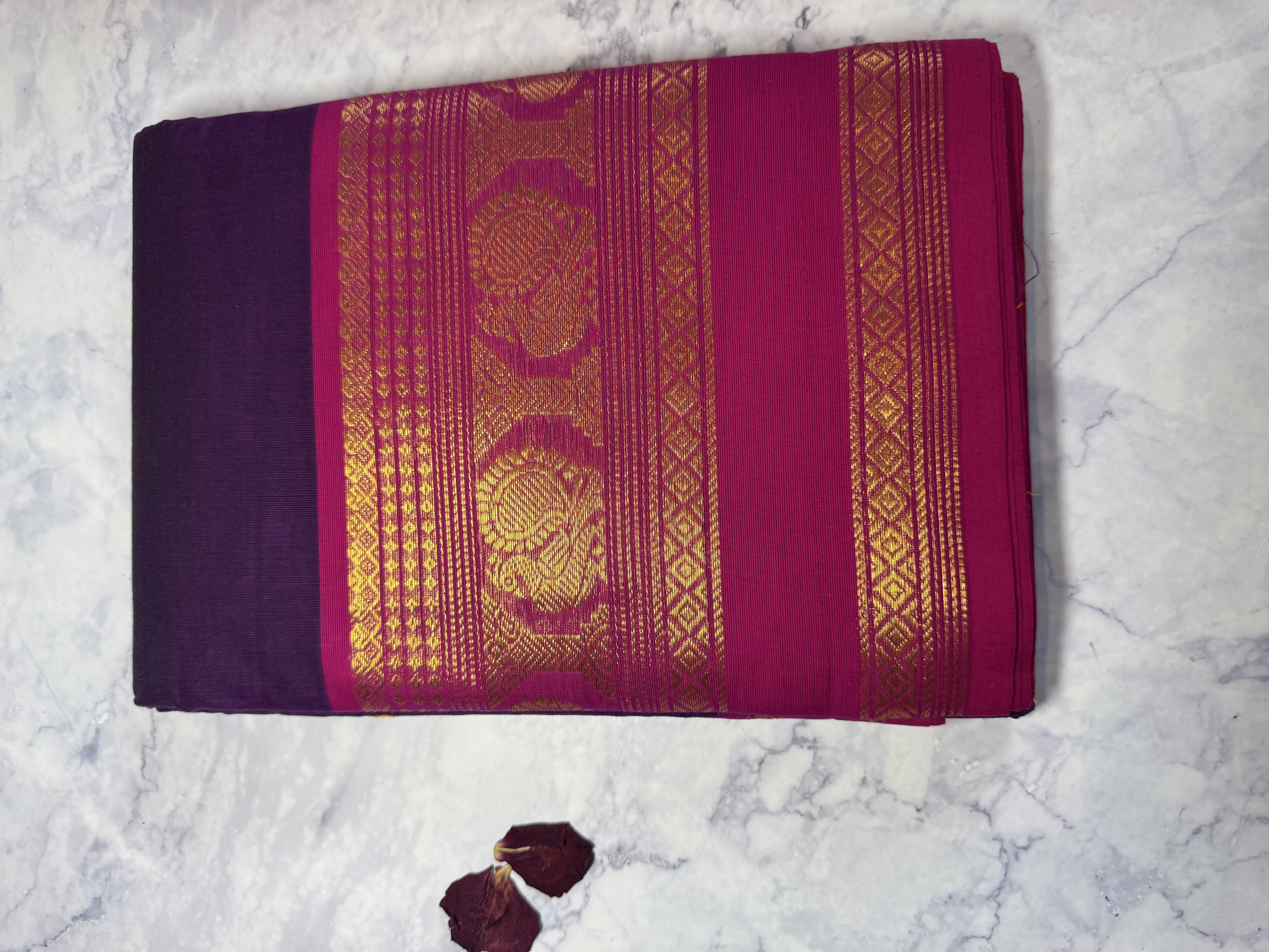Purple cotton saree with pink border