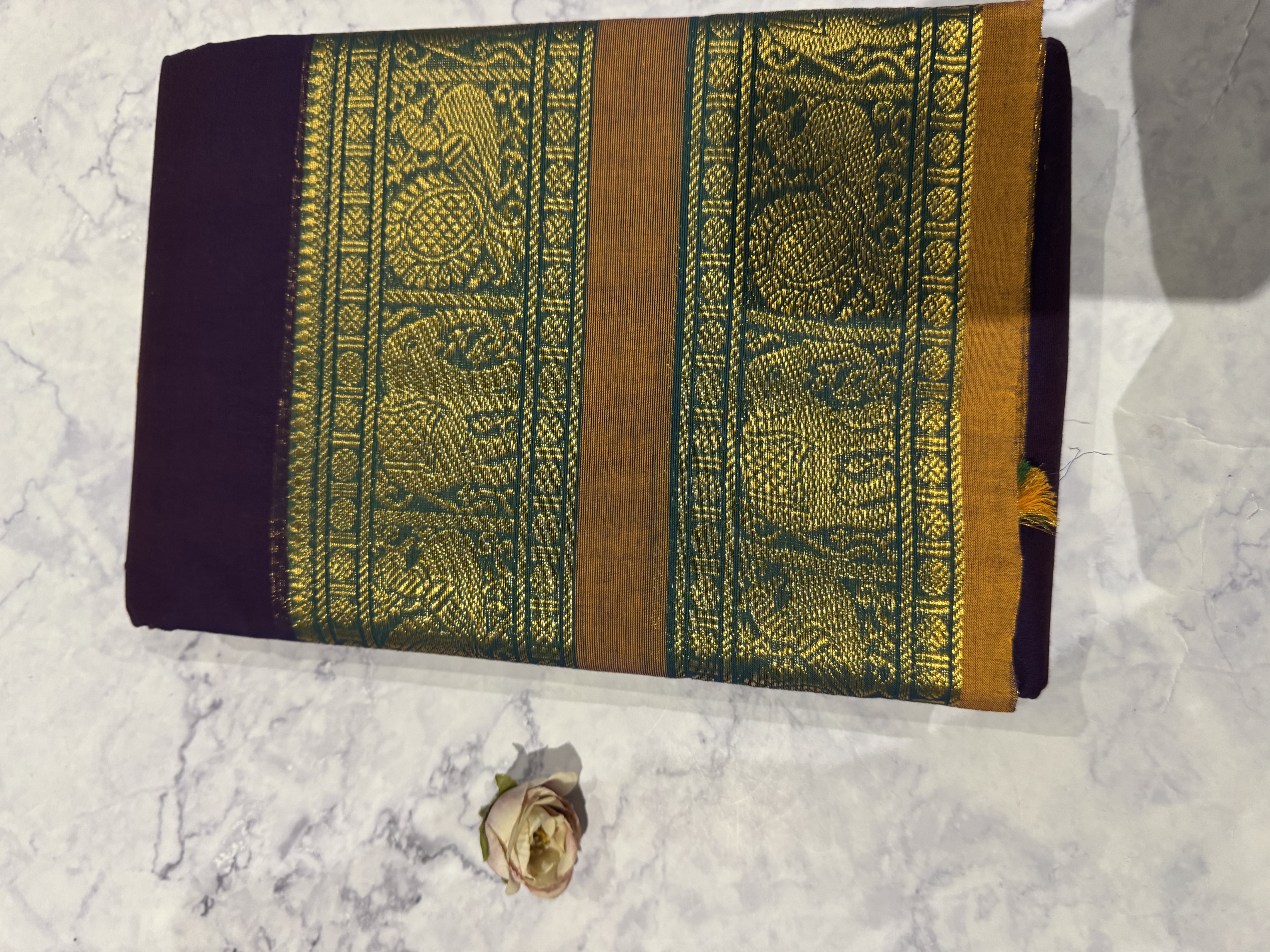 Dark purple cotton saree with yellow border