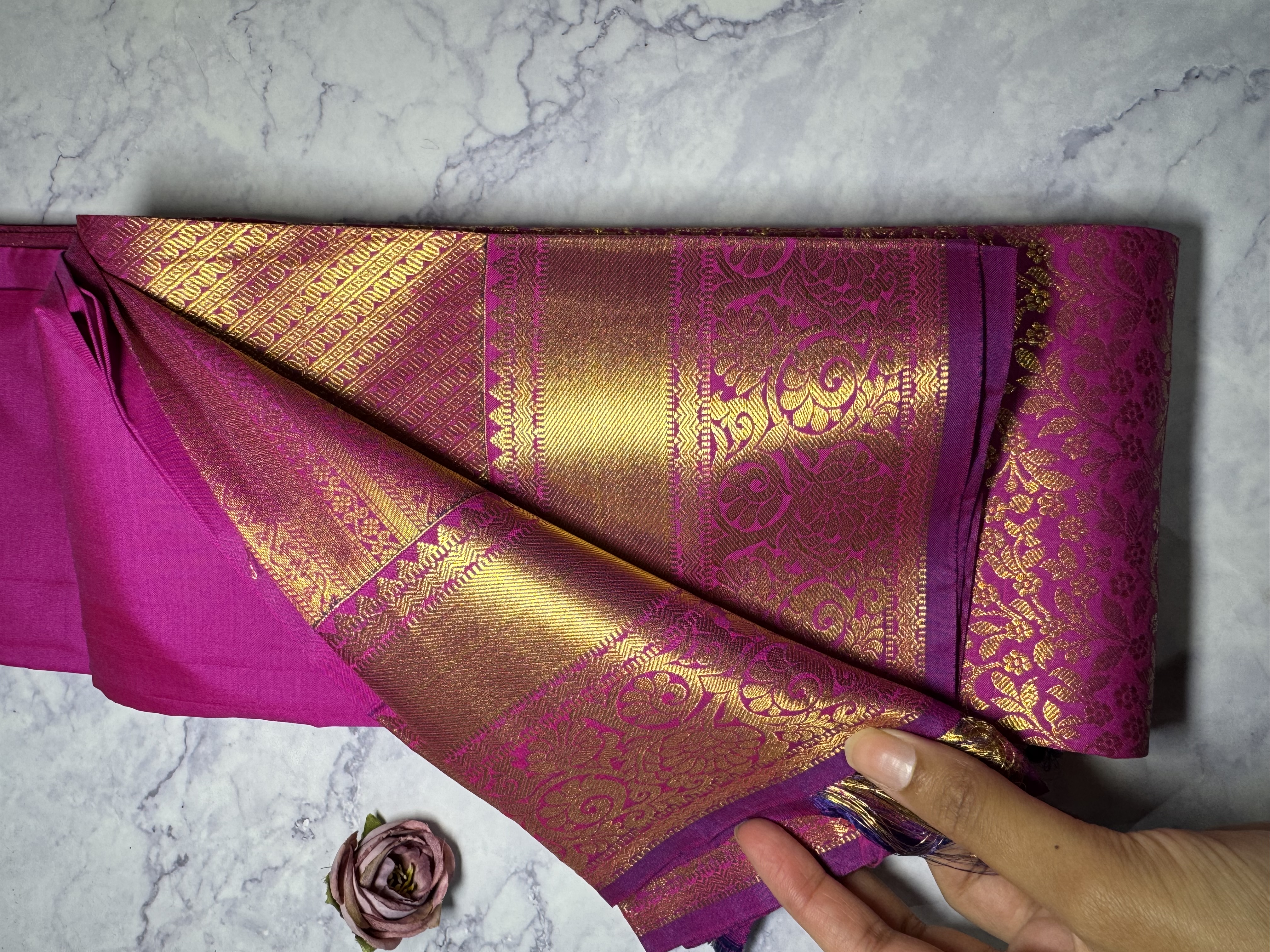 Magenta floral heavy work semi silk saree