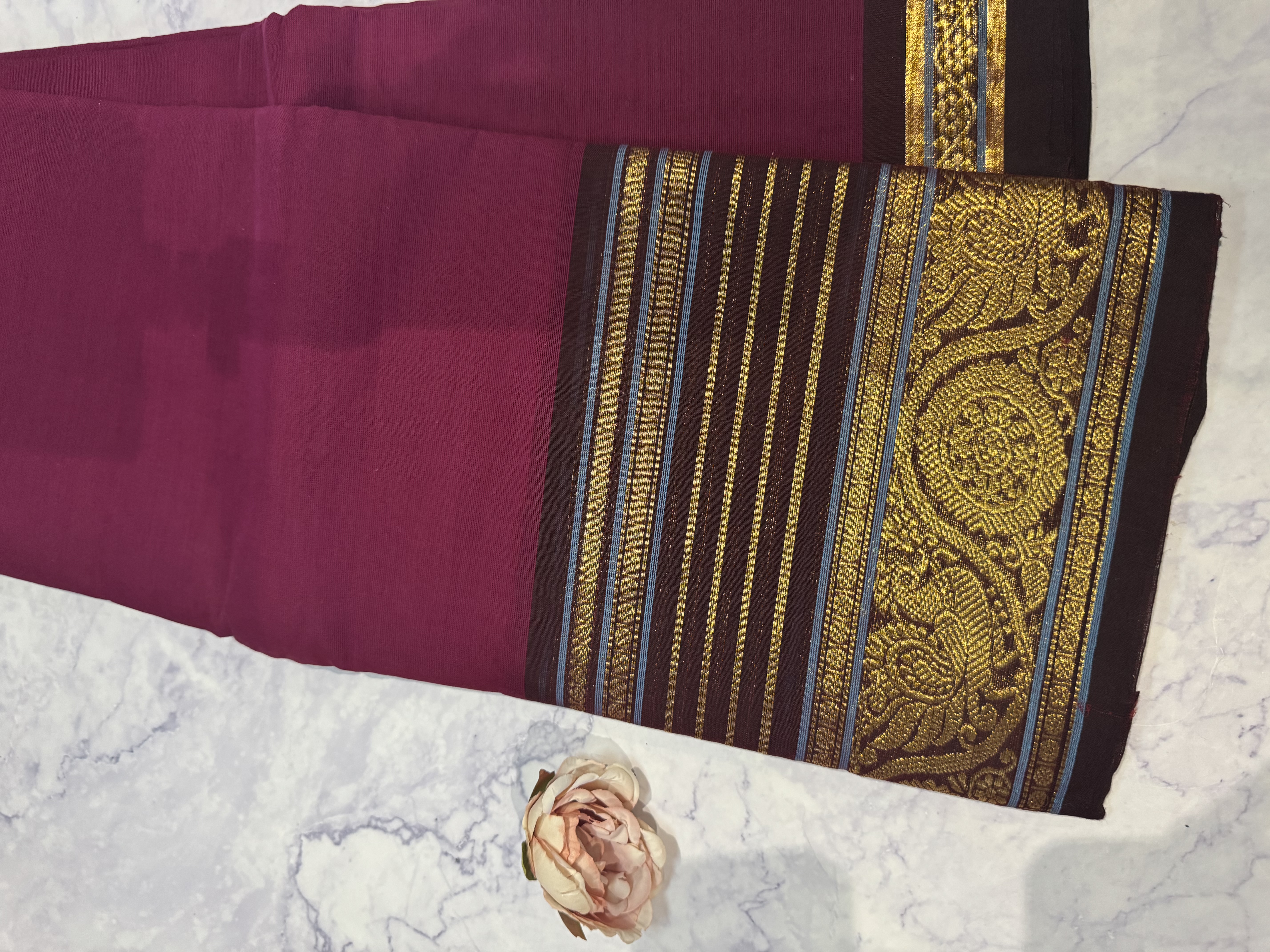 Berry pink cotton saree with black border