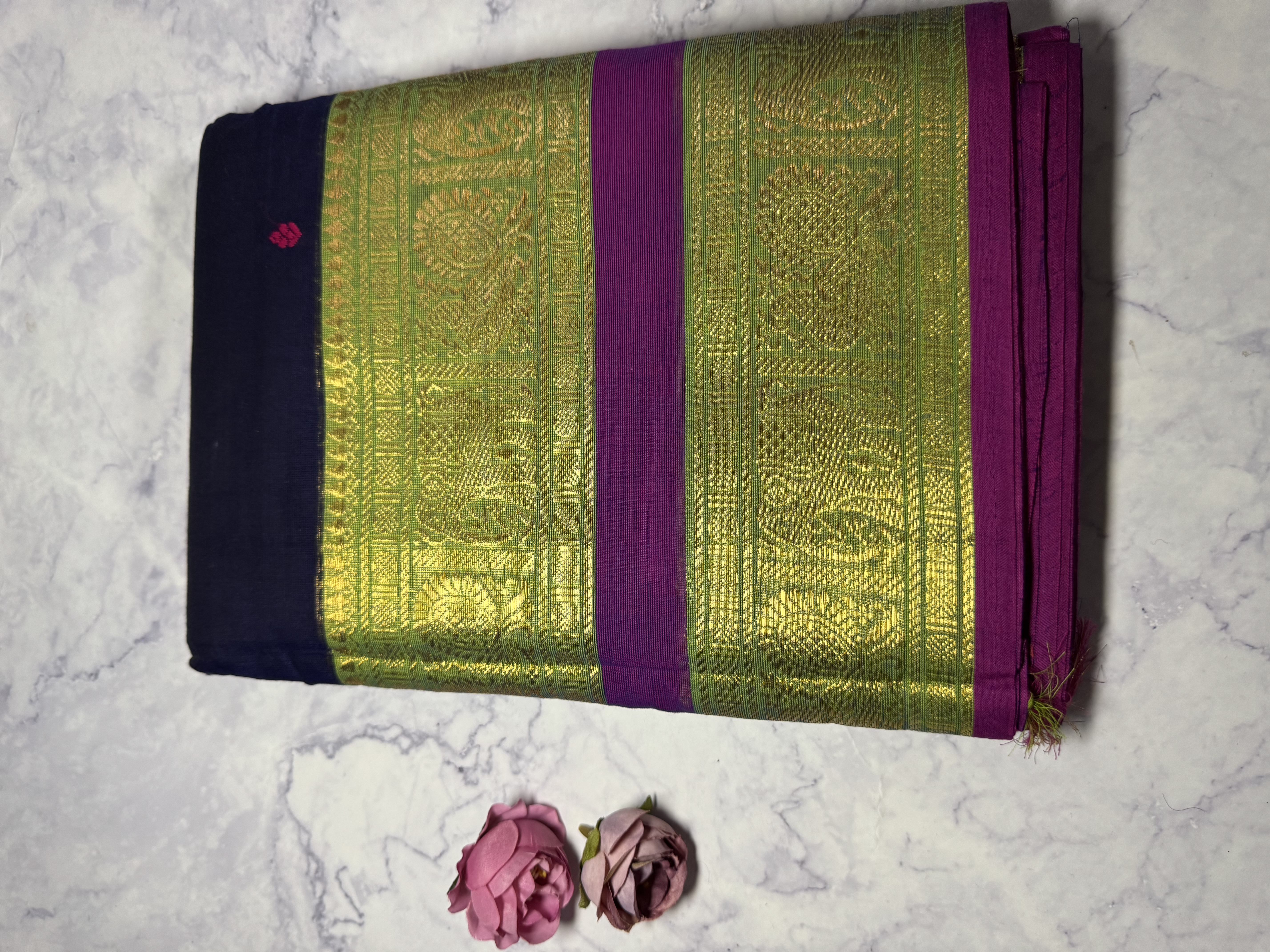 Navy blue cotton saree with purple border