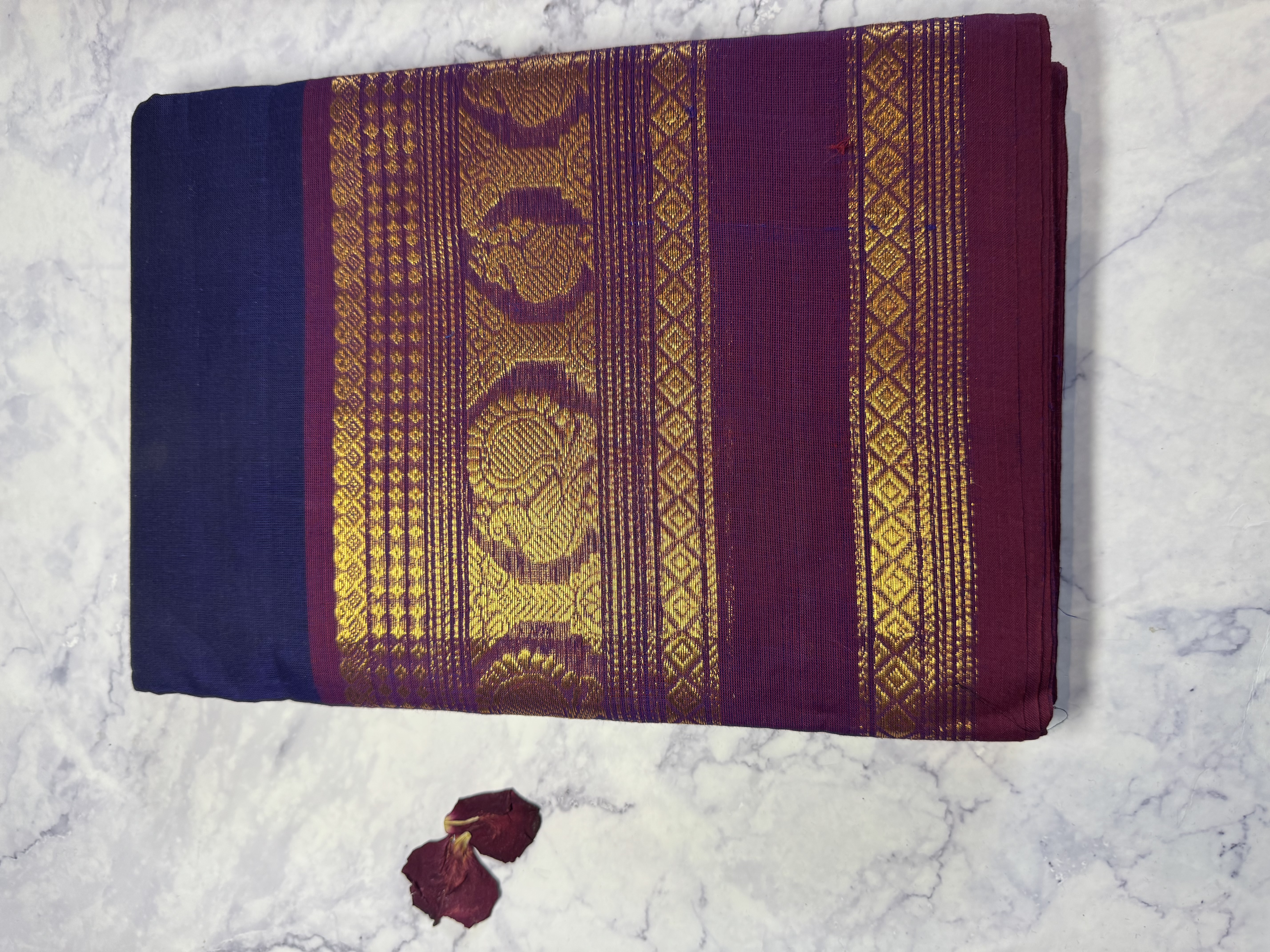 Navy blue cotton saree with purple red border