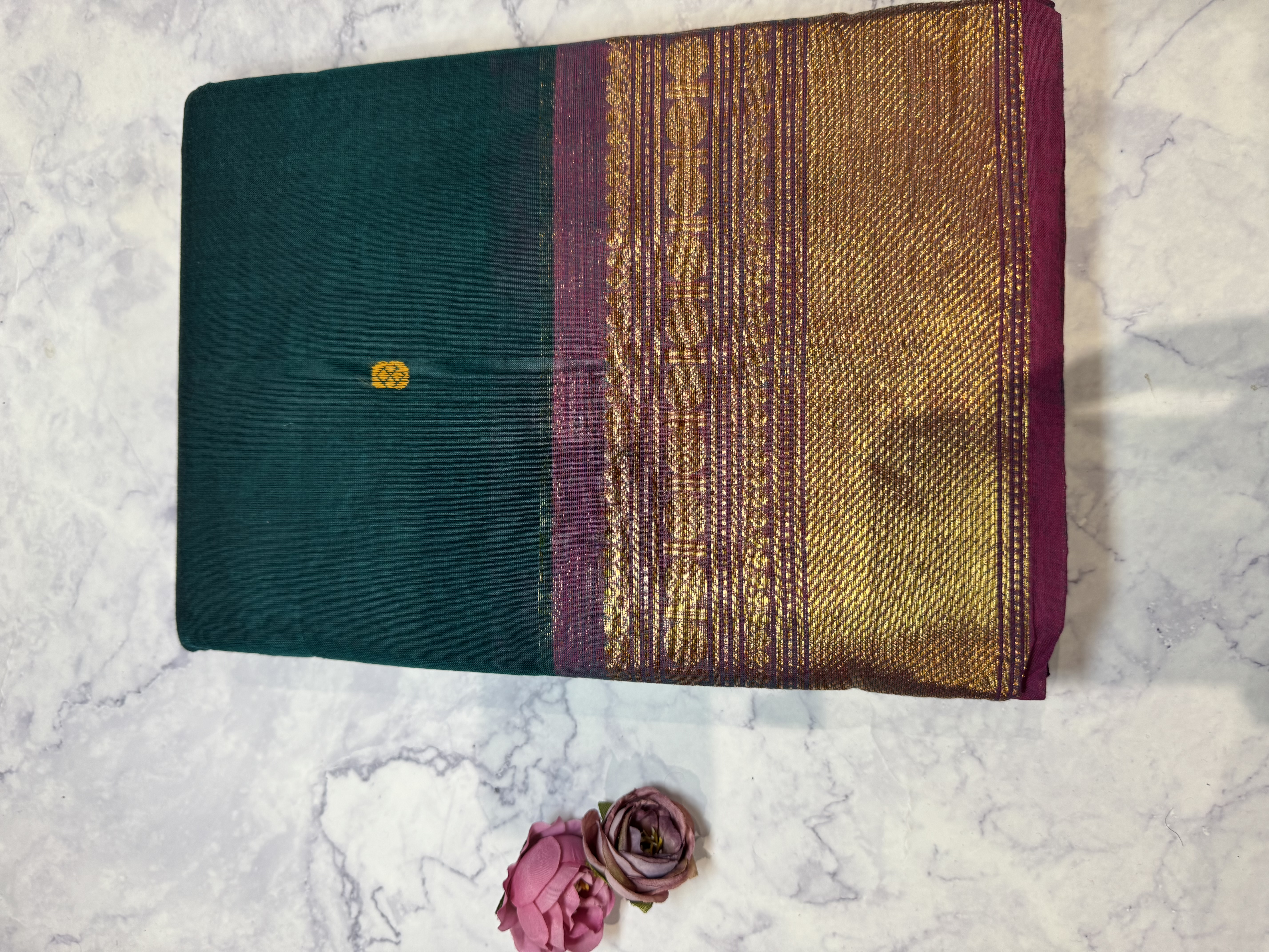 Forest green cotton saree with pink border