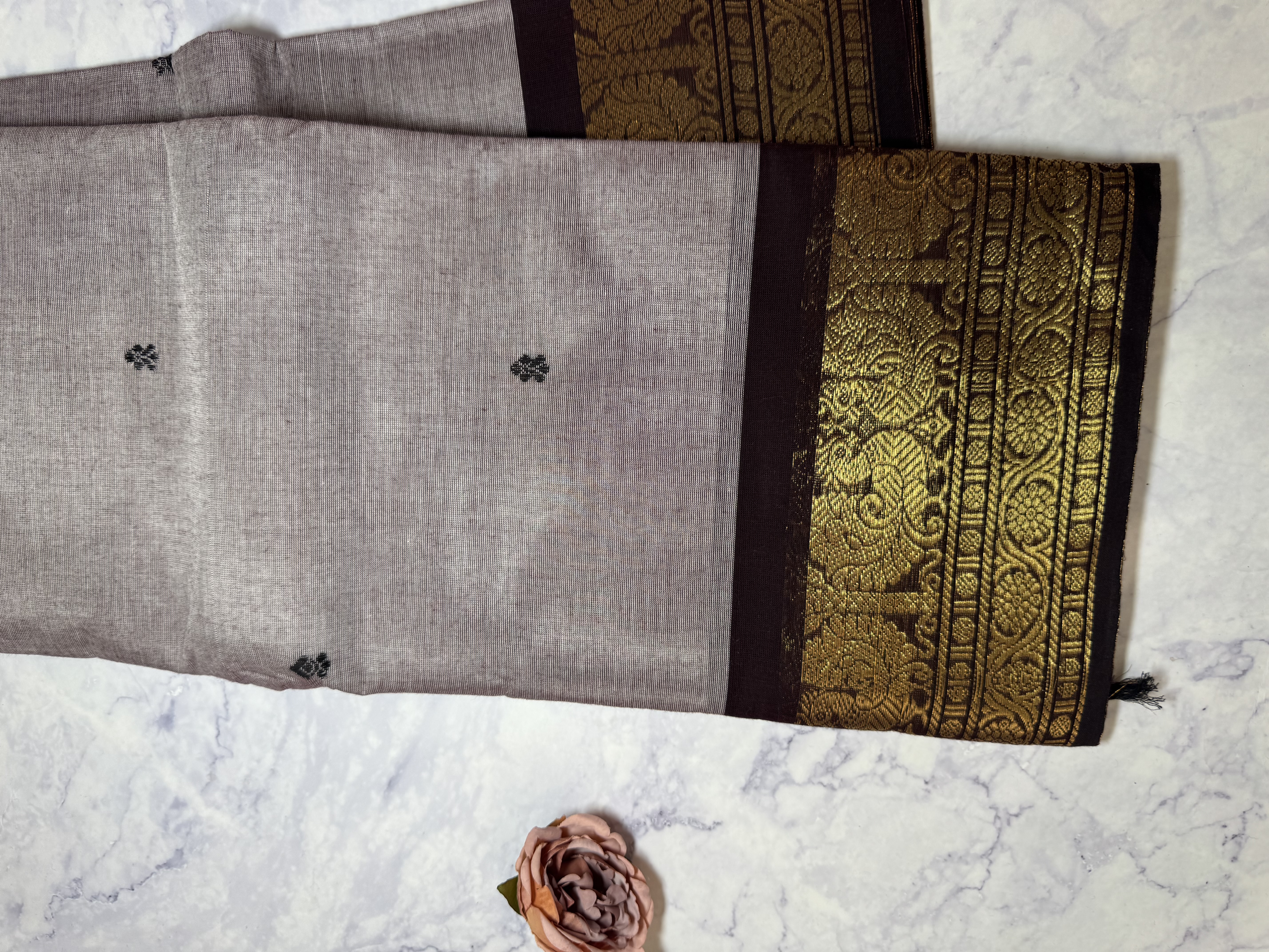 Grey brown cotton saree with brown border