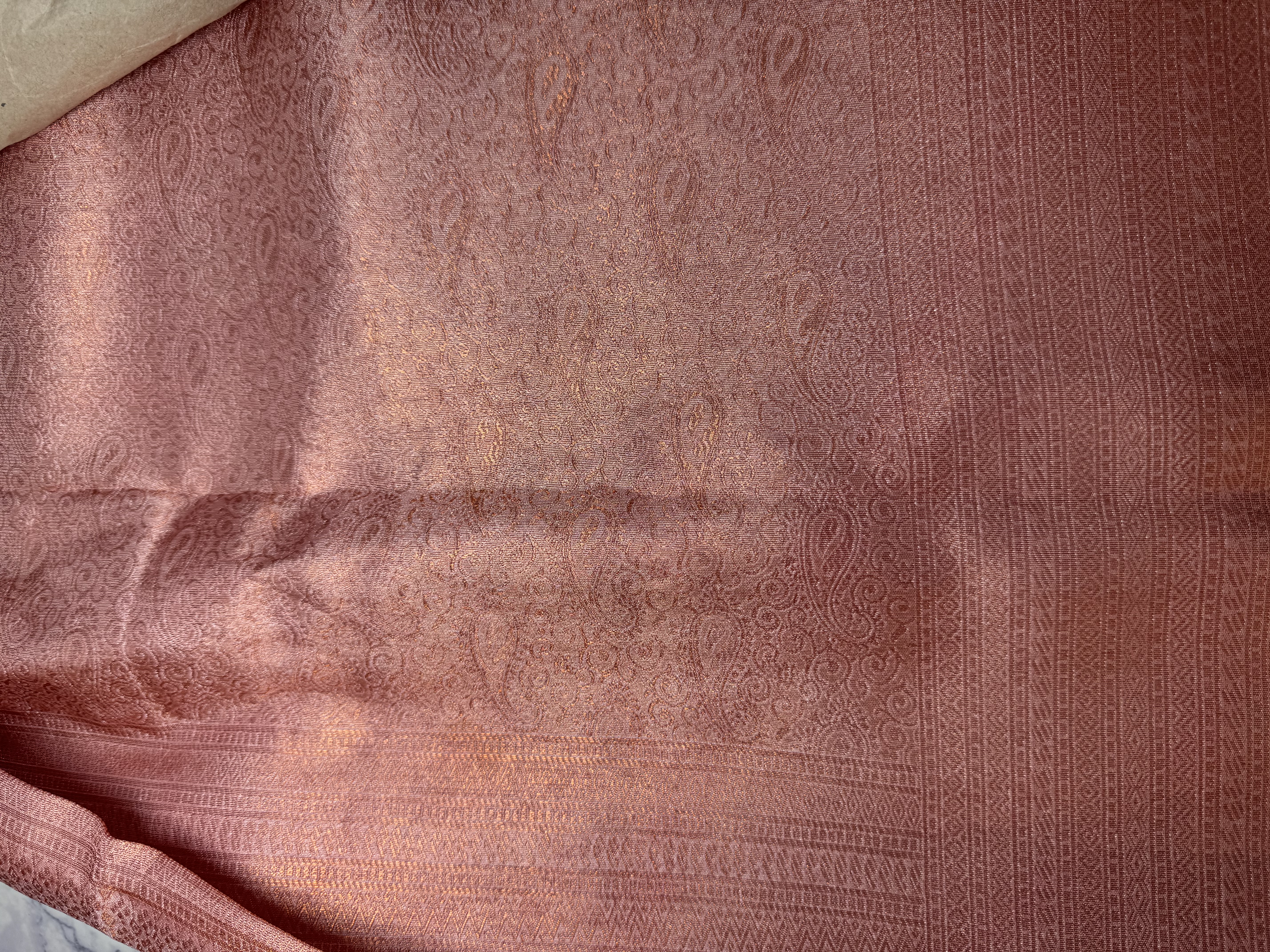 Pale pink kubera pattu with copper/rose gold zari