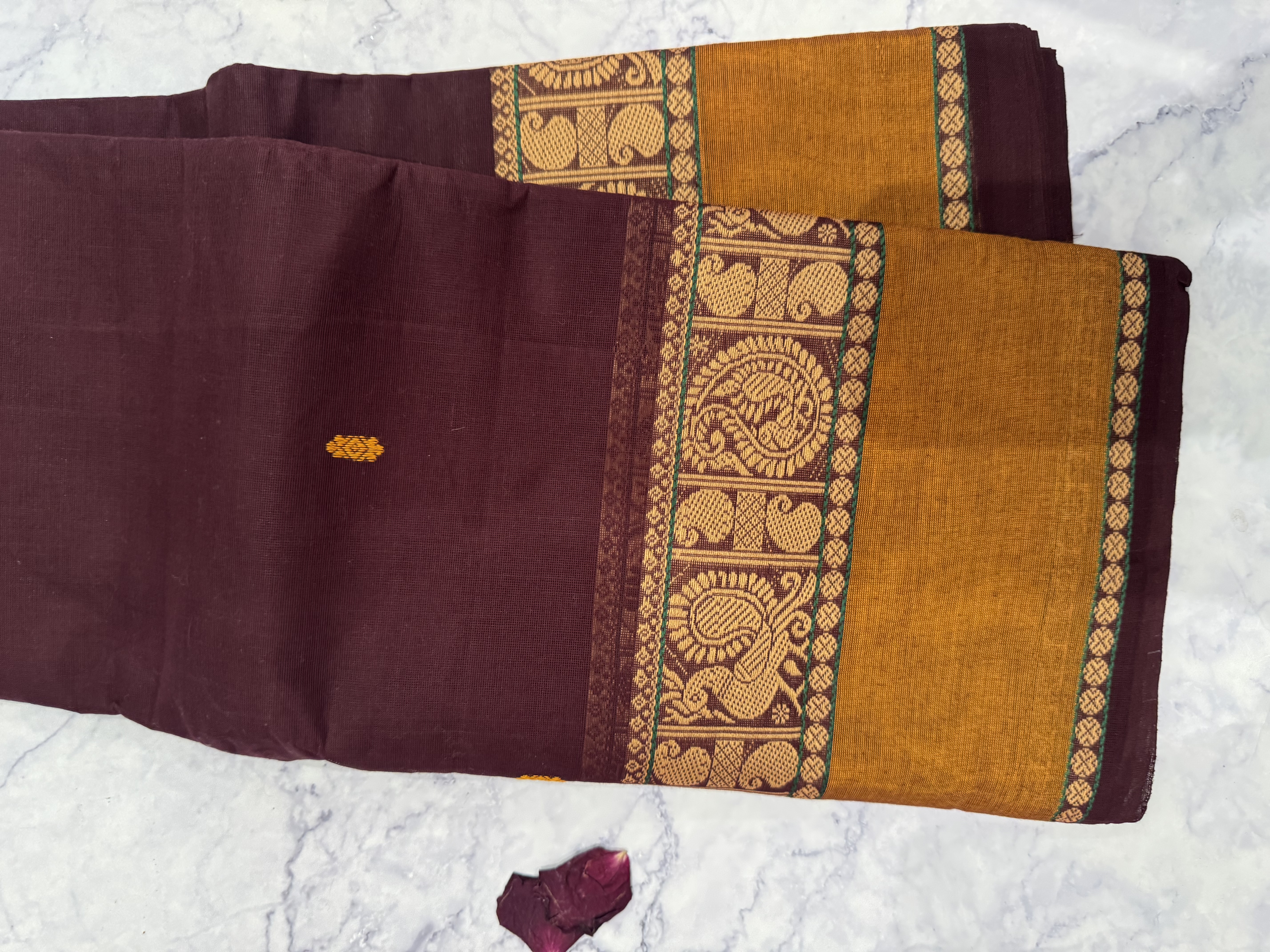 Dark beown cotton saree with light brown border