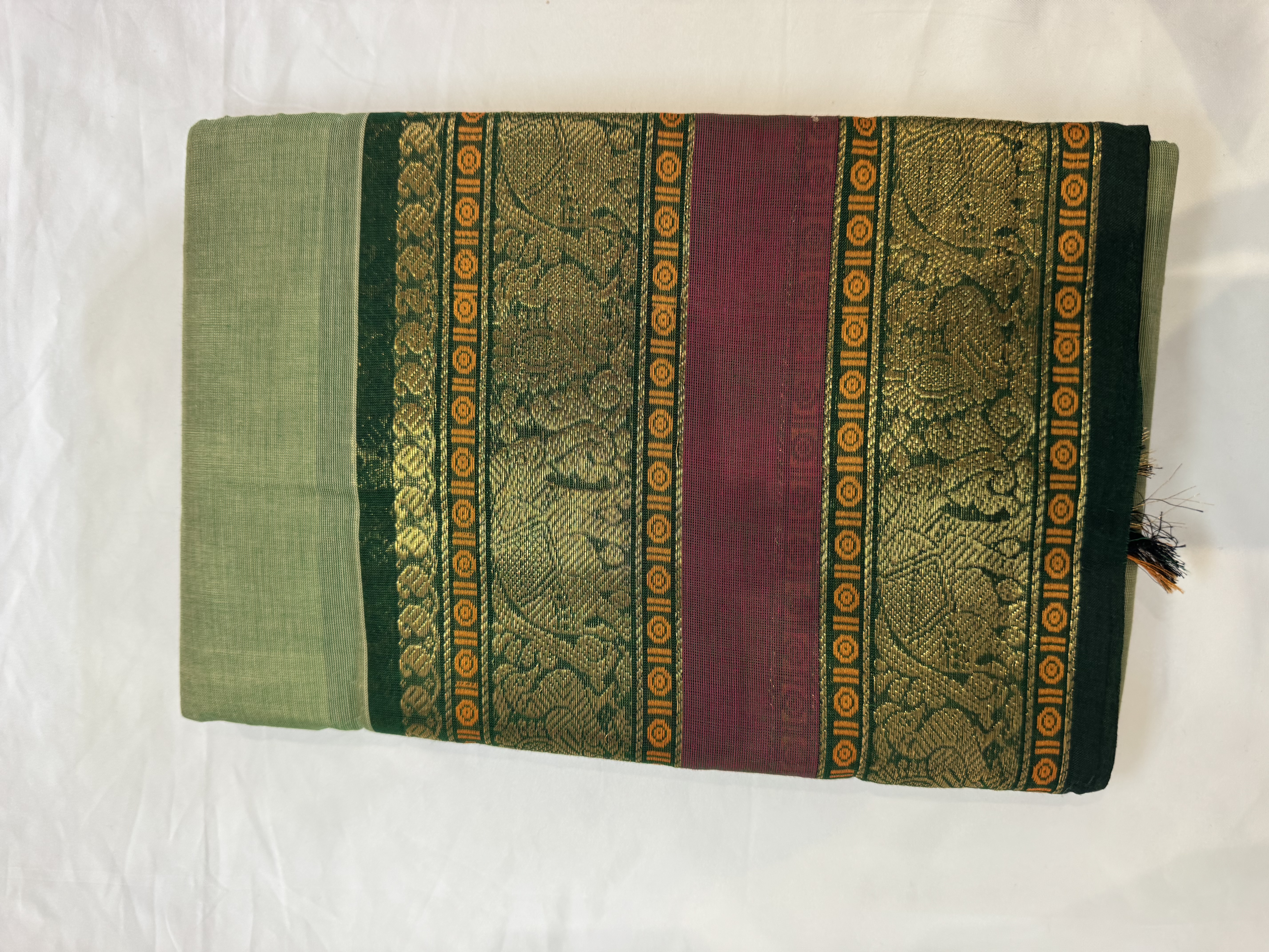 Sage green cotton saree with red border