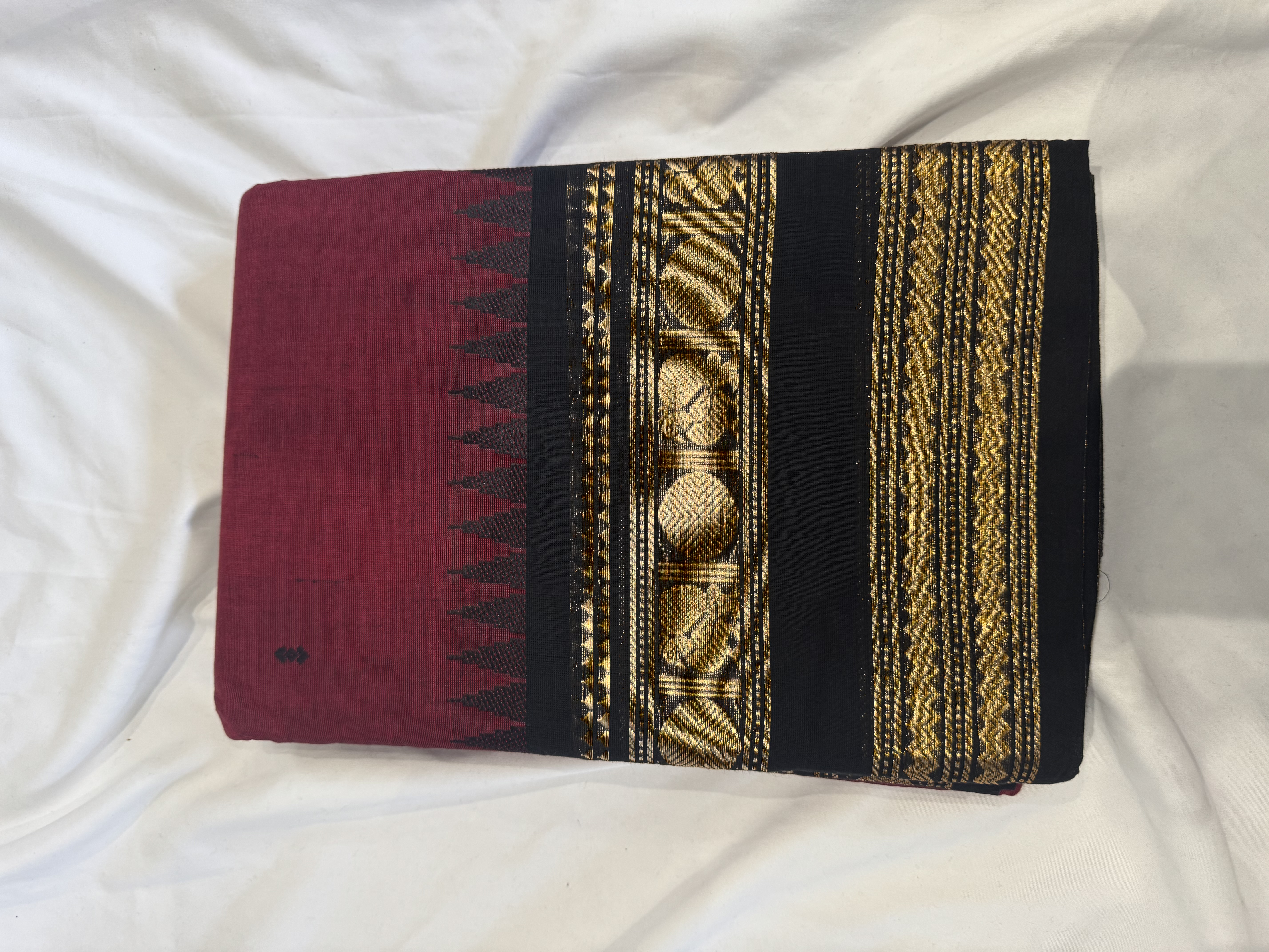 Berry red cotton saree with black border