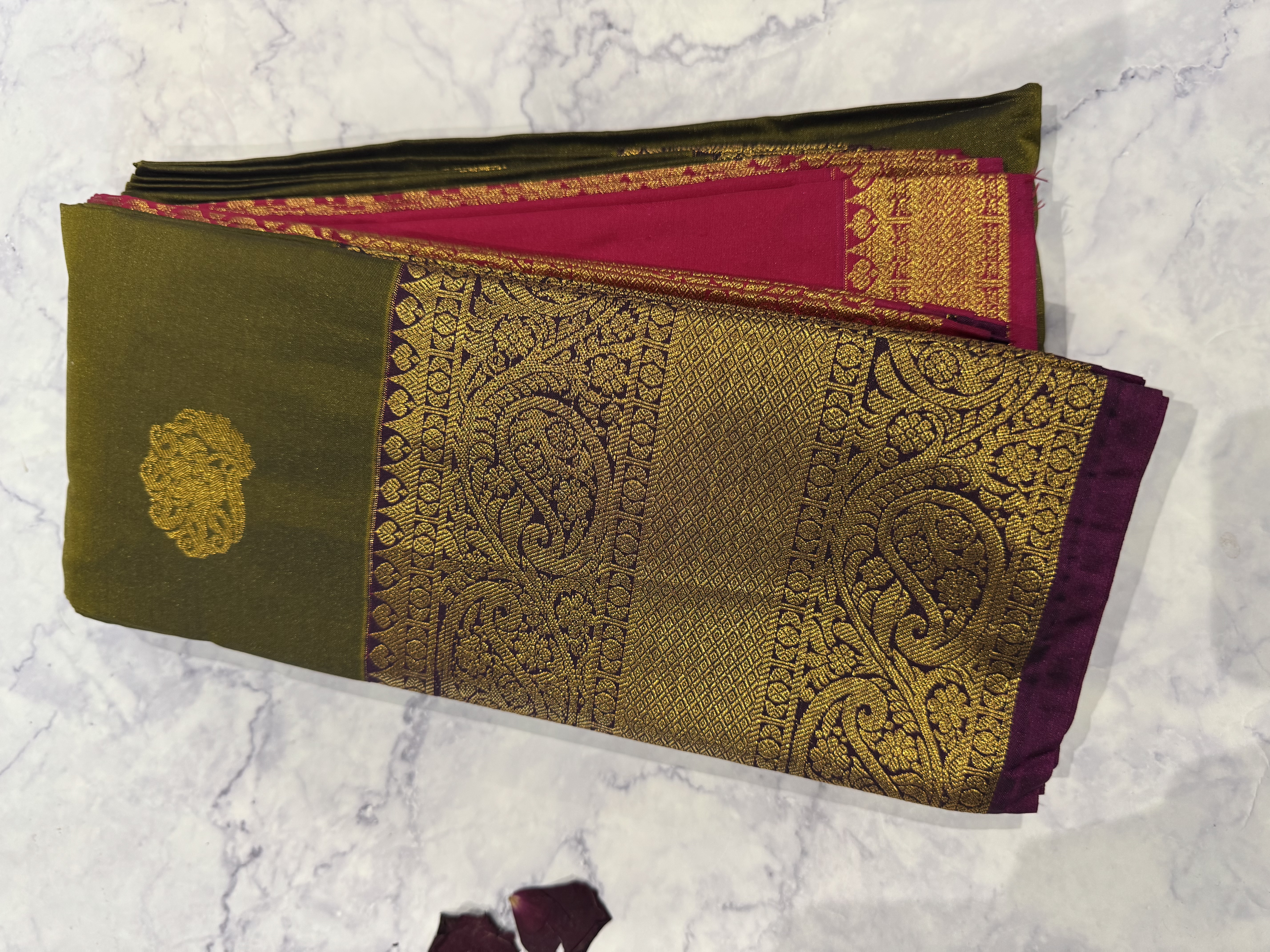 Mehendi green semi silk saree with pink blouse