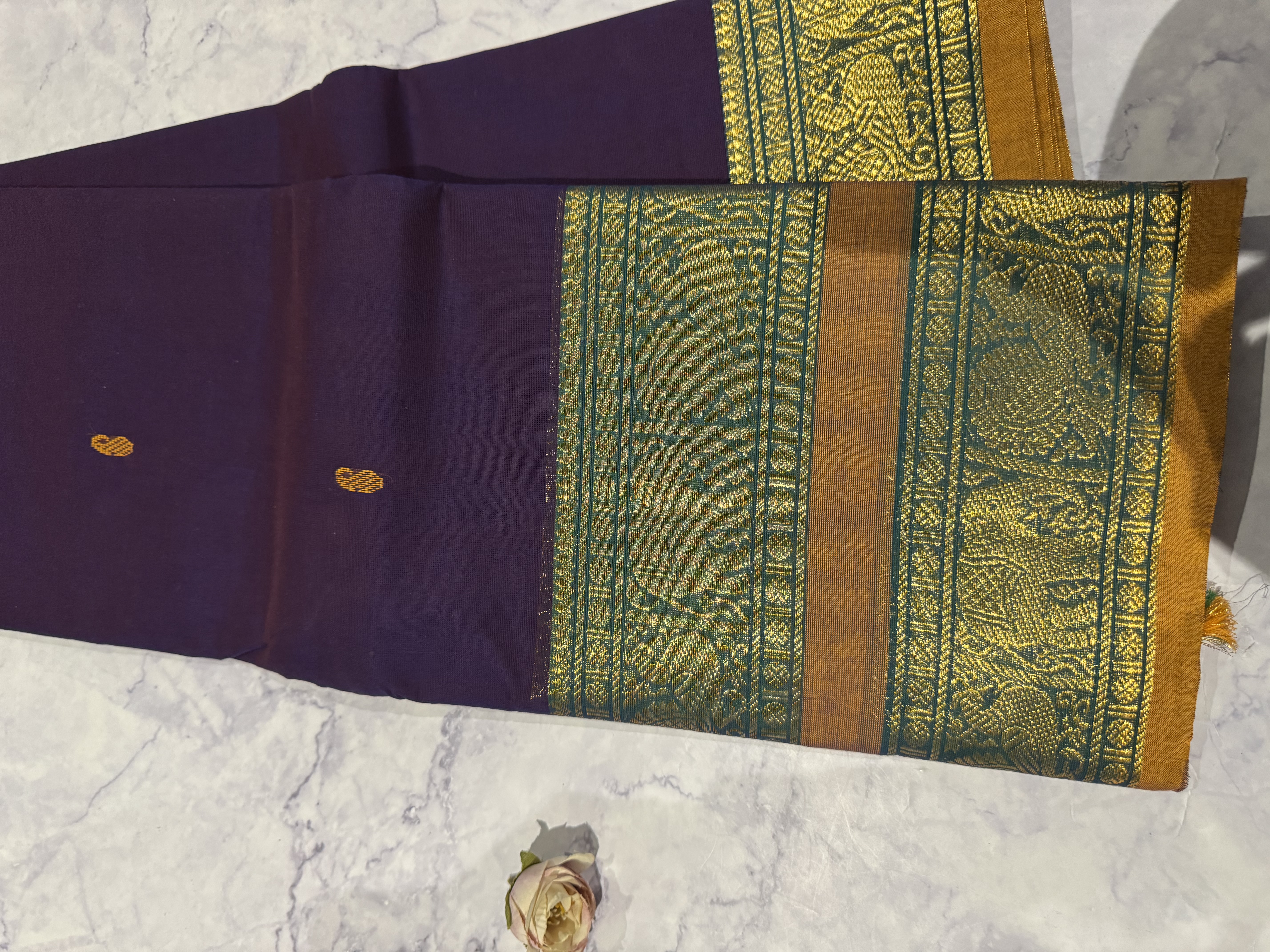Dark purple cotton saree with yellow border