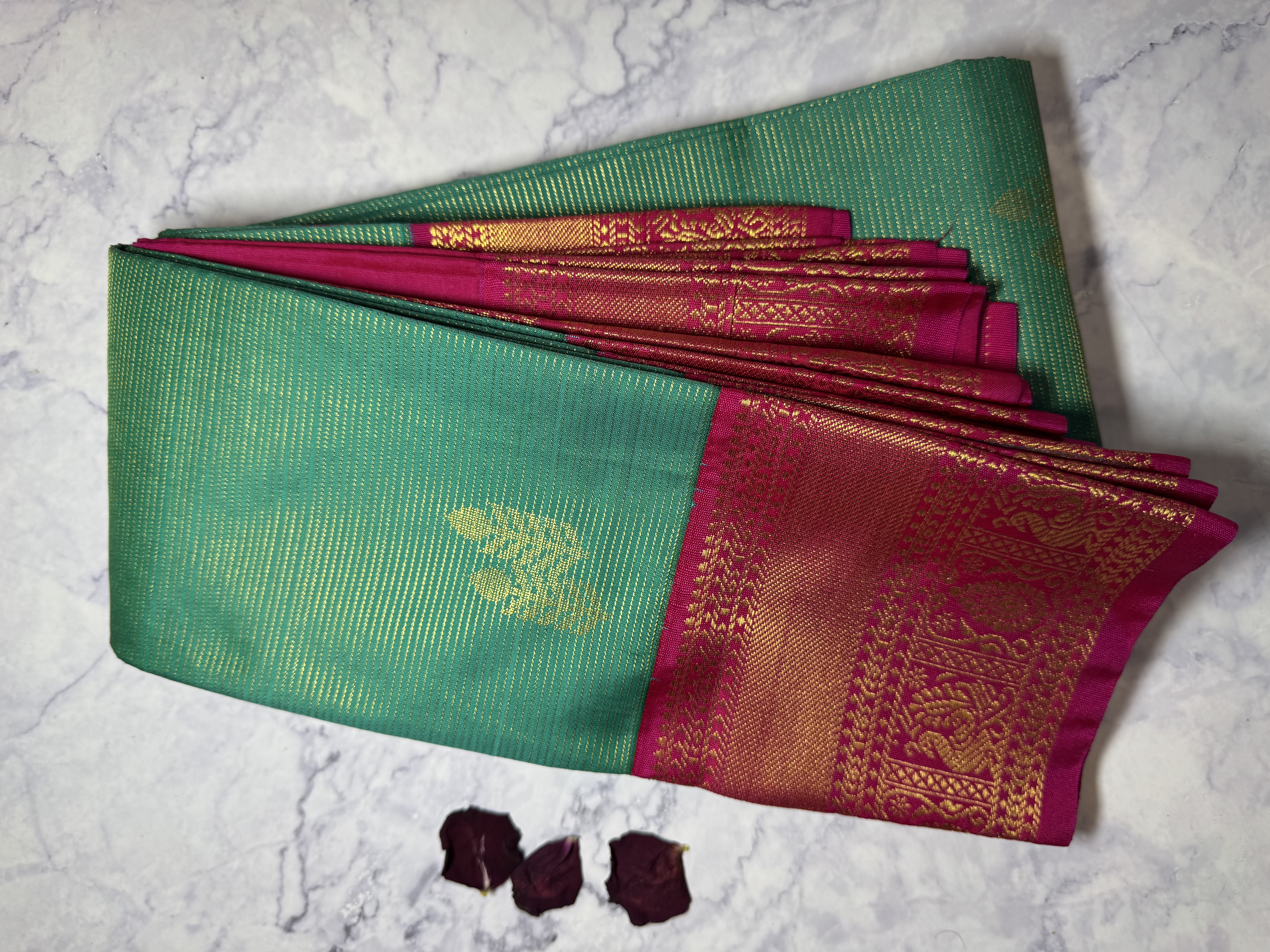 Teal green vaira oosi soft silk with pink blouse
