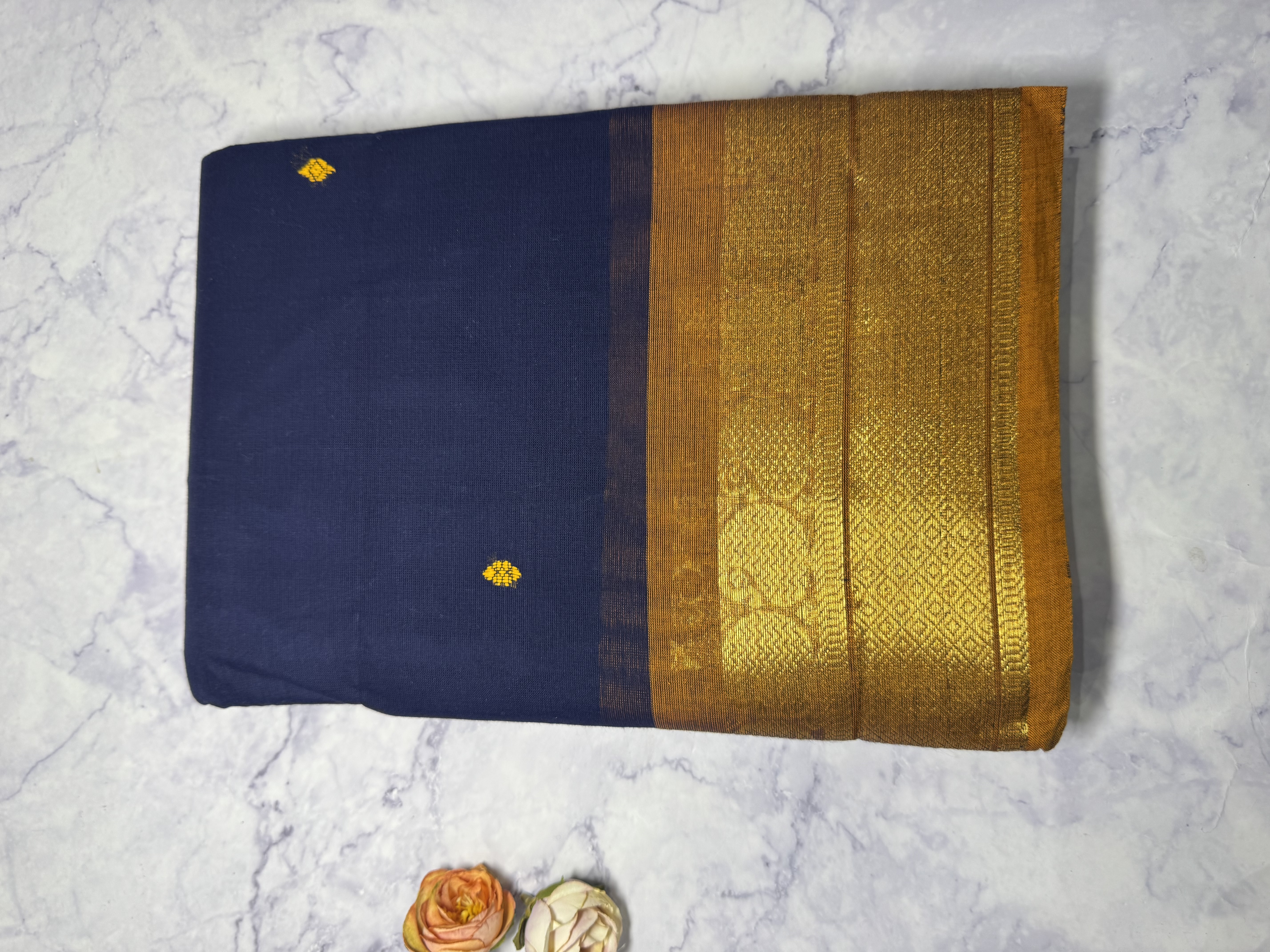 Navy blue cotton saree with yellow border