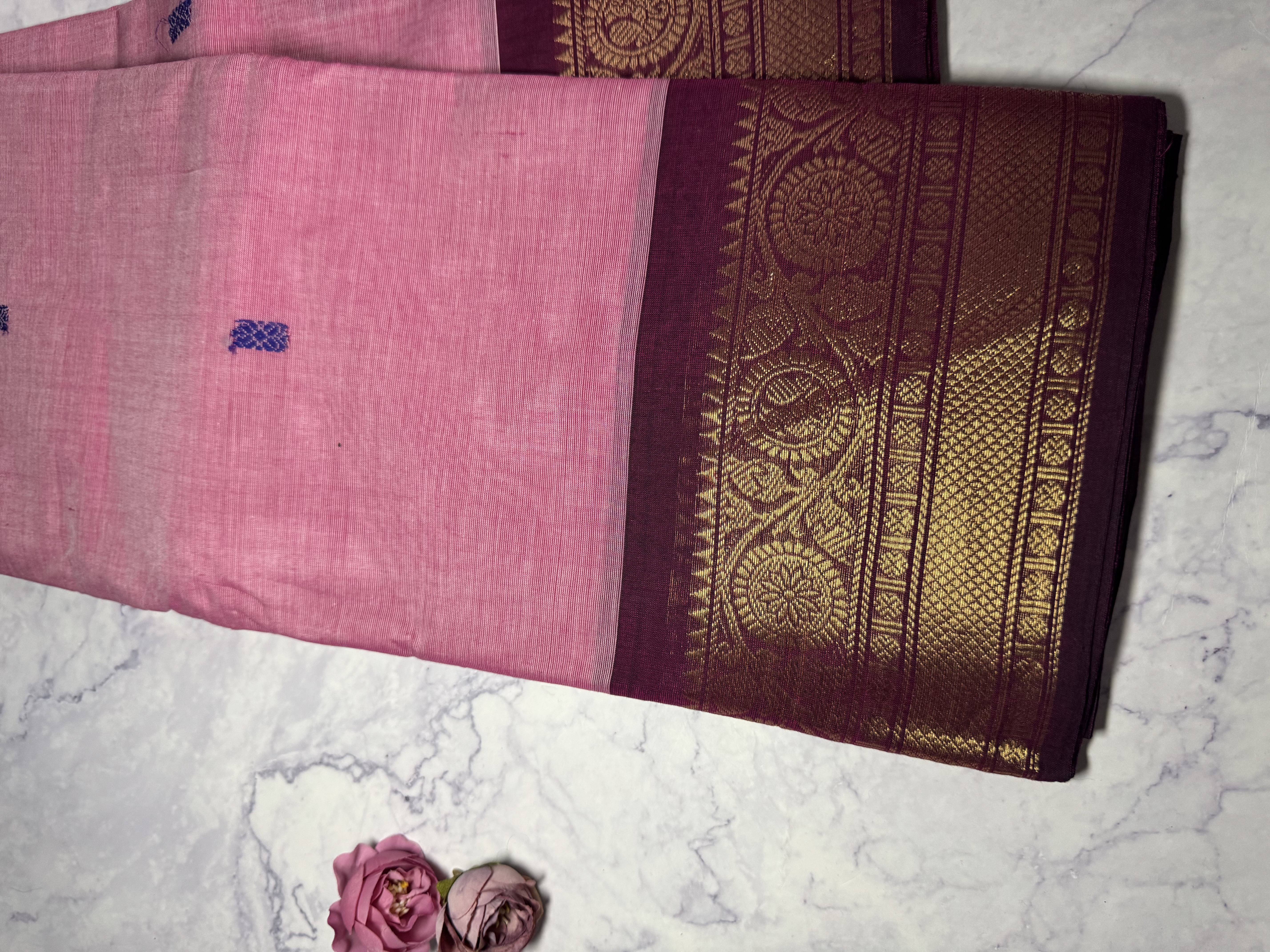 Baby pink saree with plum border
