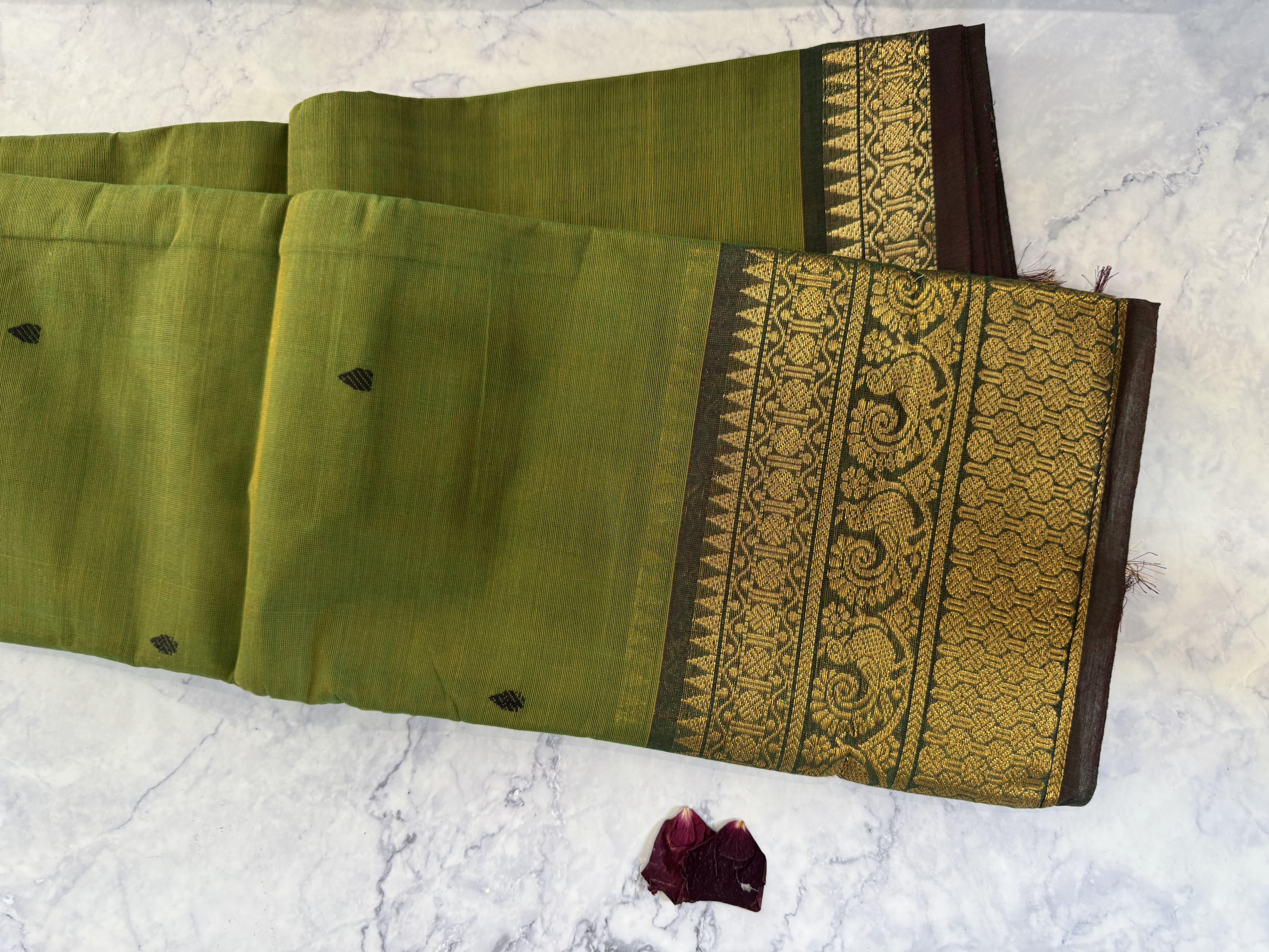 Grass green cotton saree with brown border