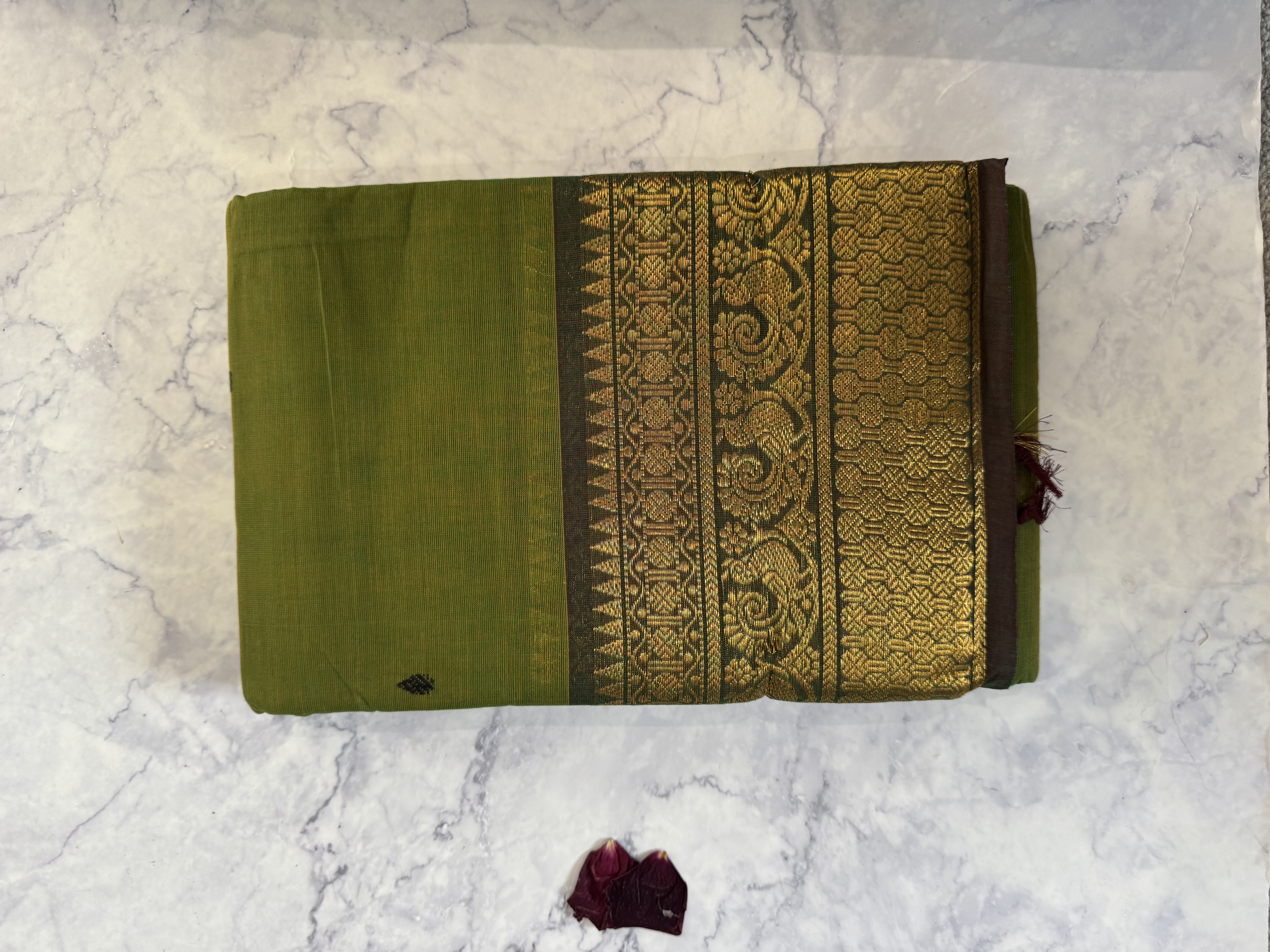 Grass green cotton saree with brown border