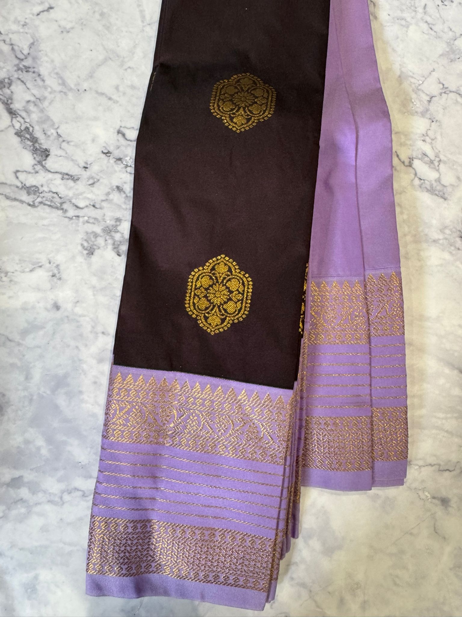 Brown and lavender semi silk saree