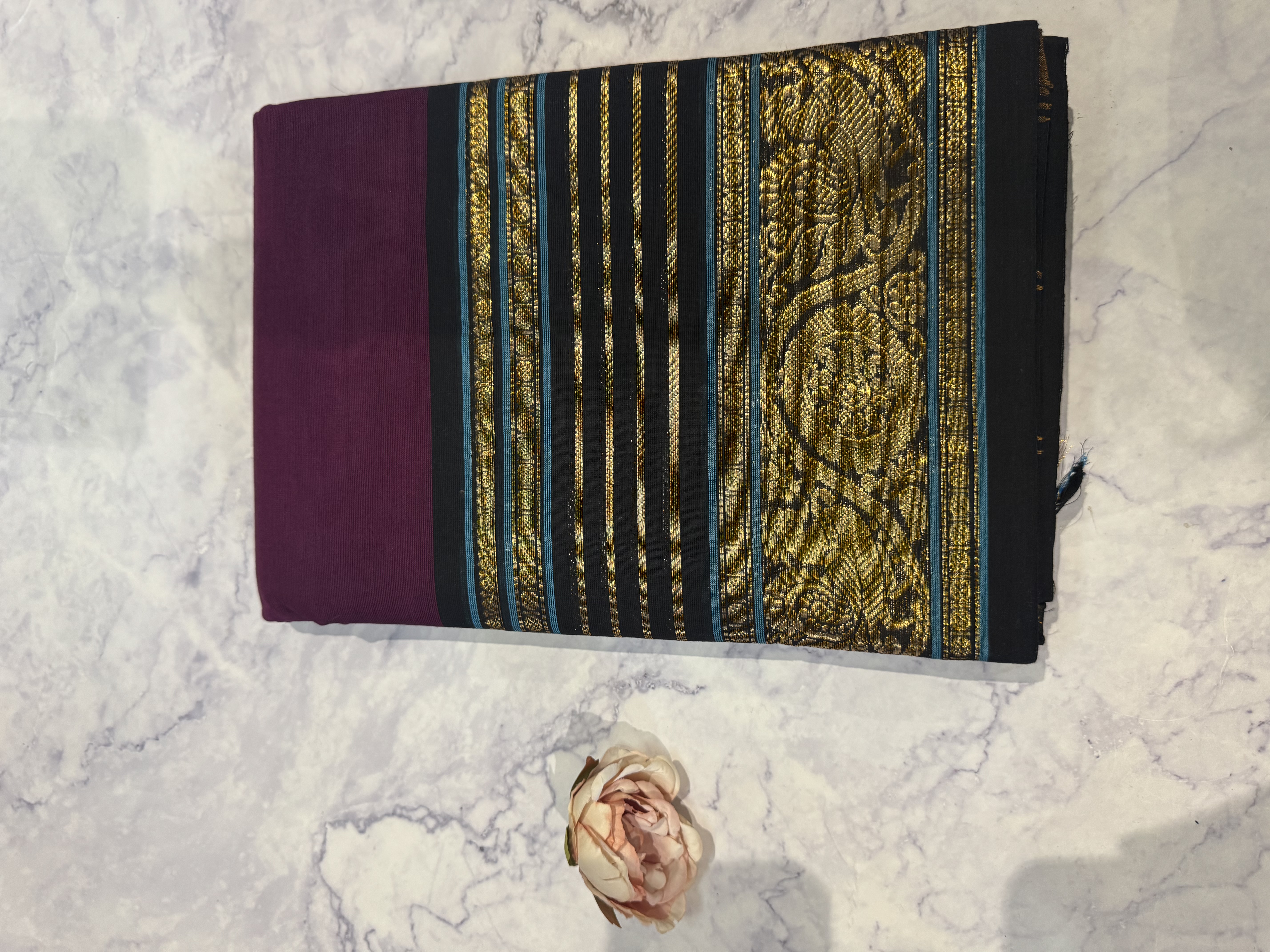 Dark purple cotton saree with black border