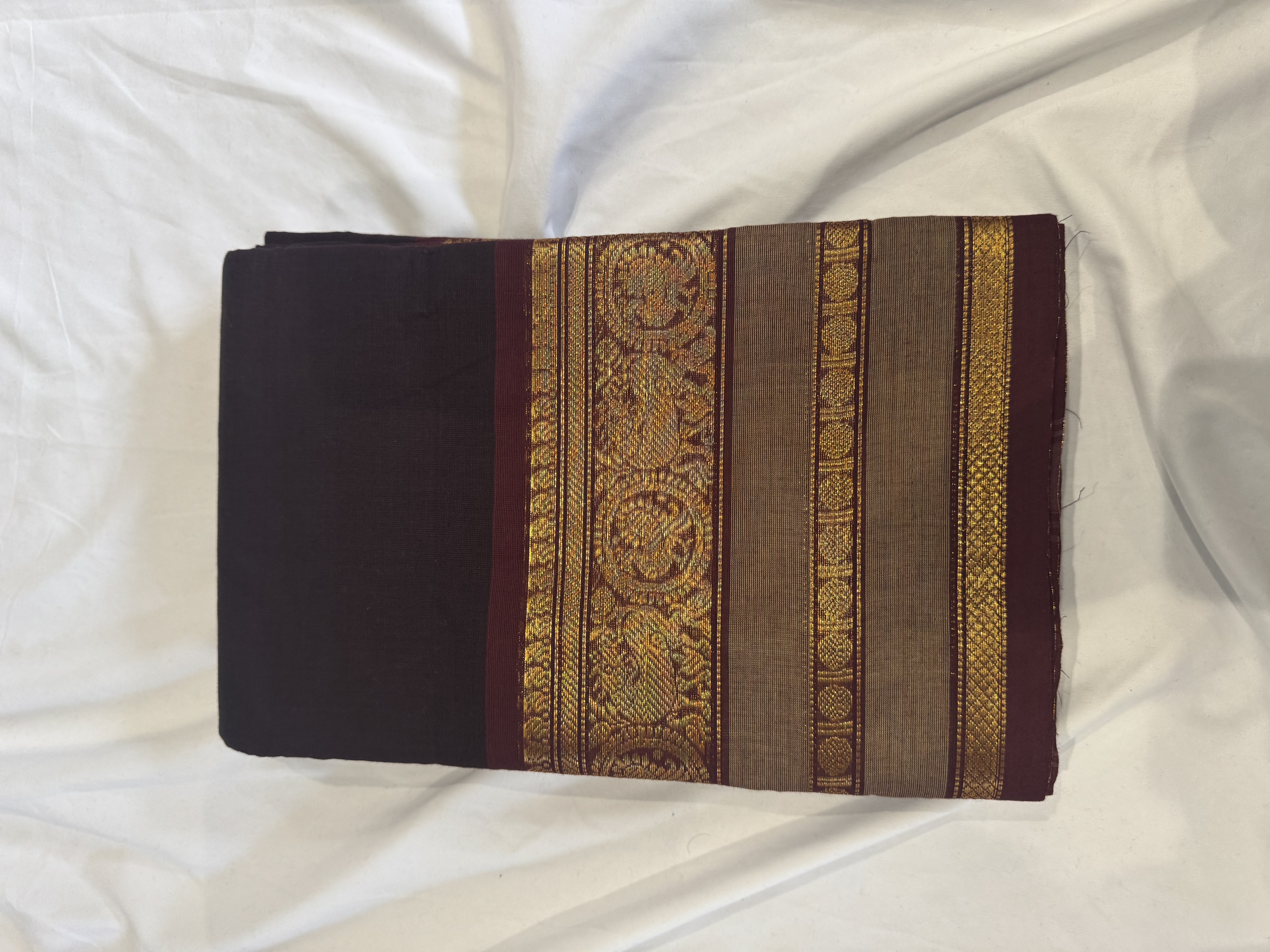 Brown cotton saree with grey gap border