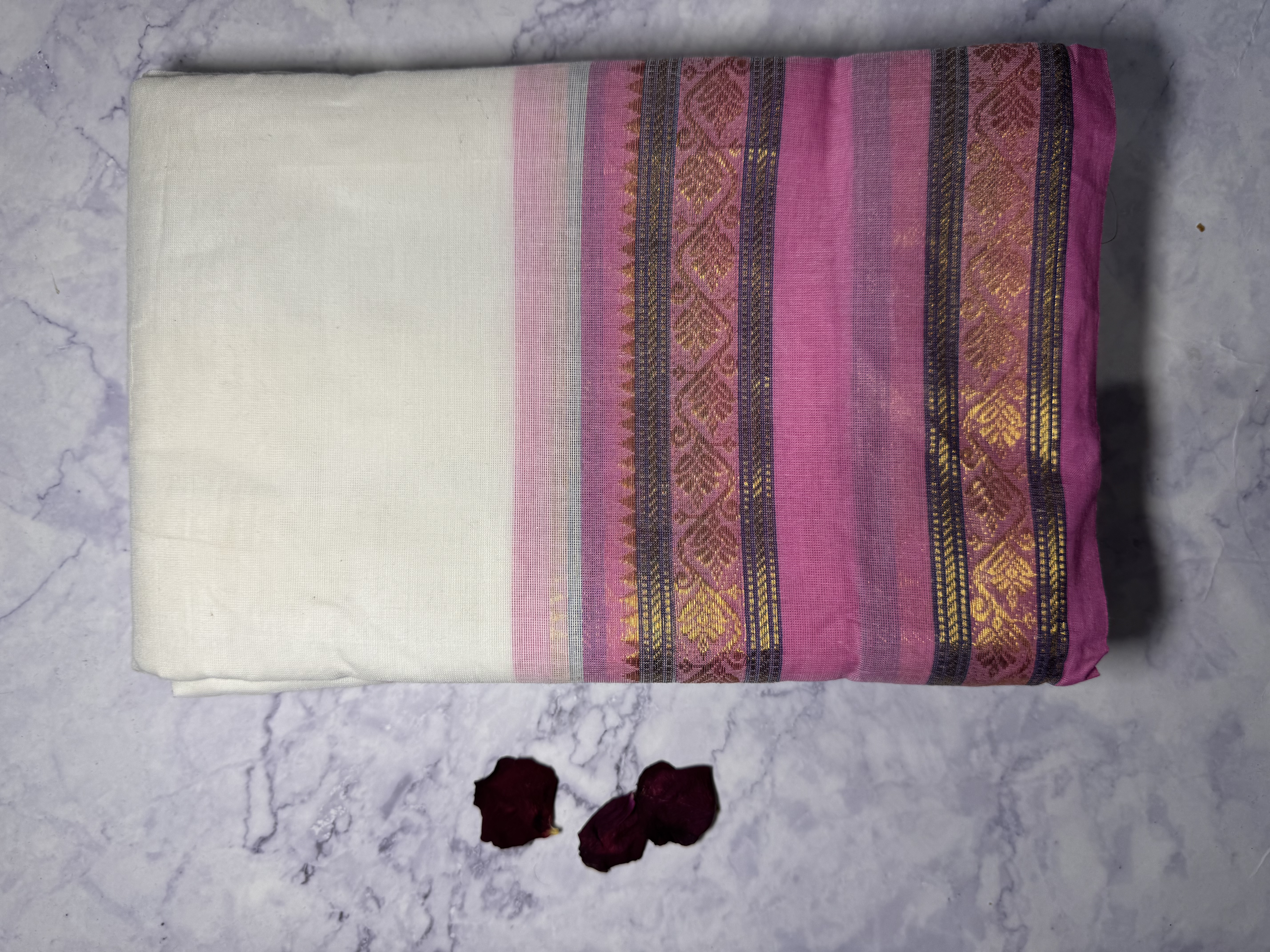 White and pink cotton saree