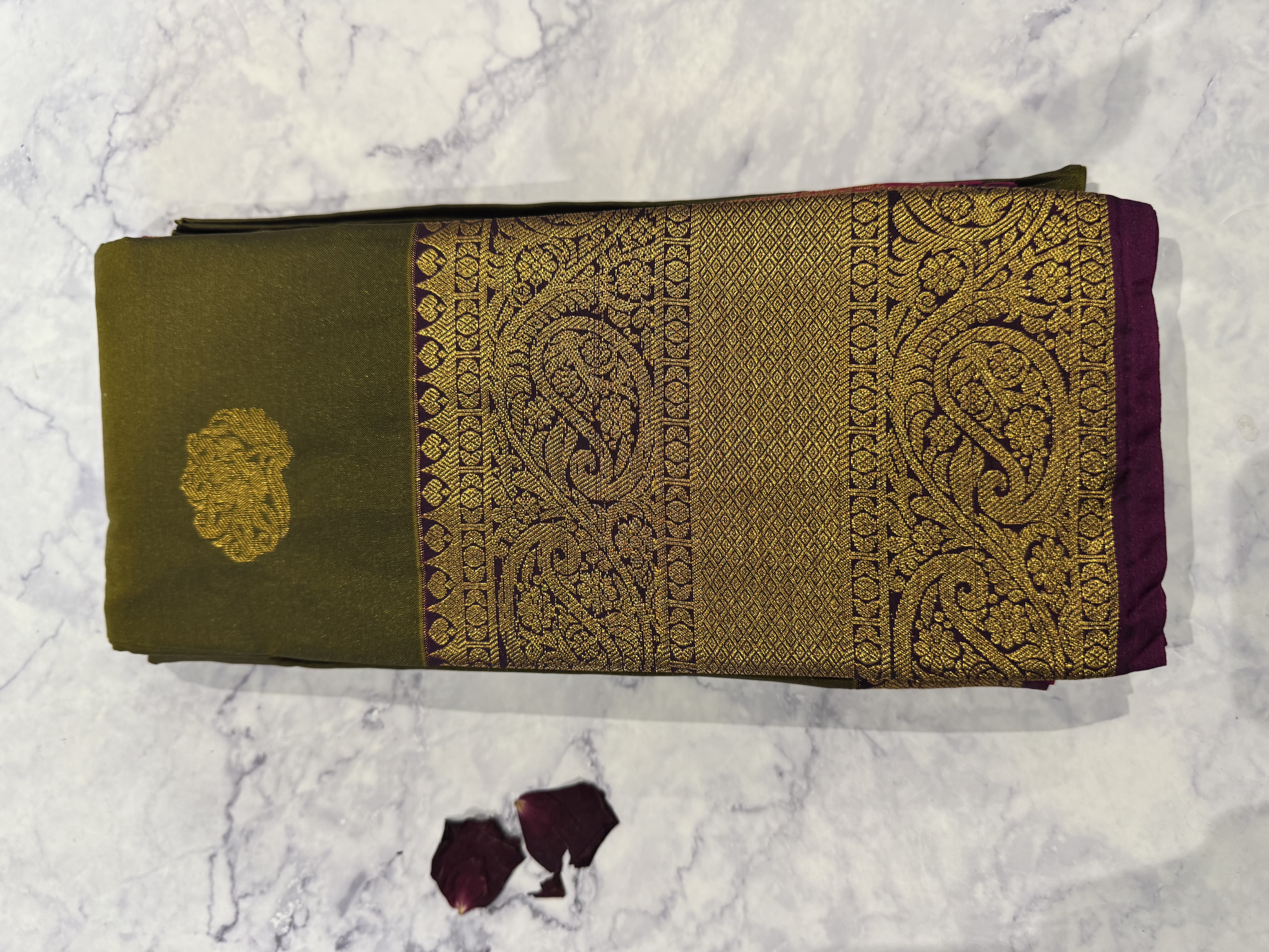 Mehendi green semi silk saree with pink blouse