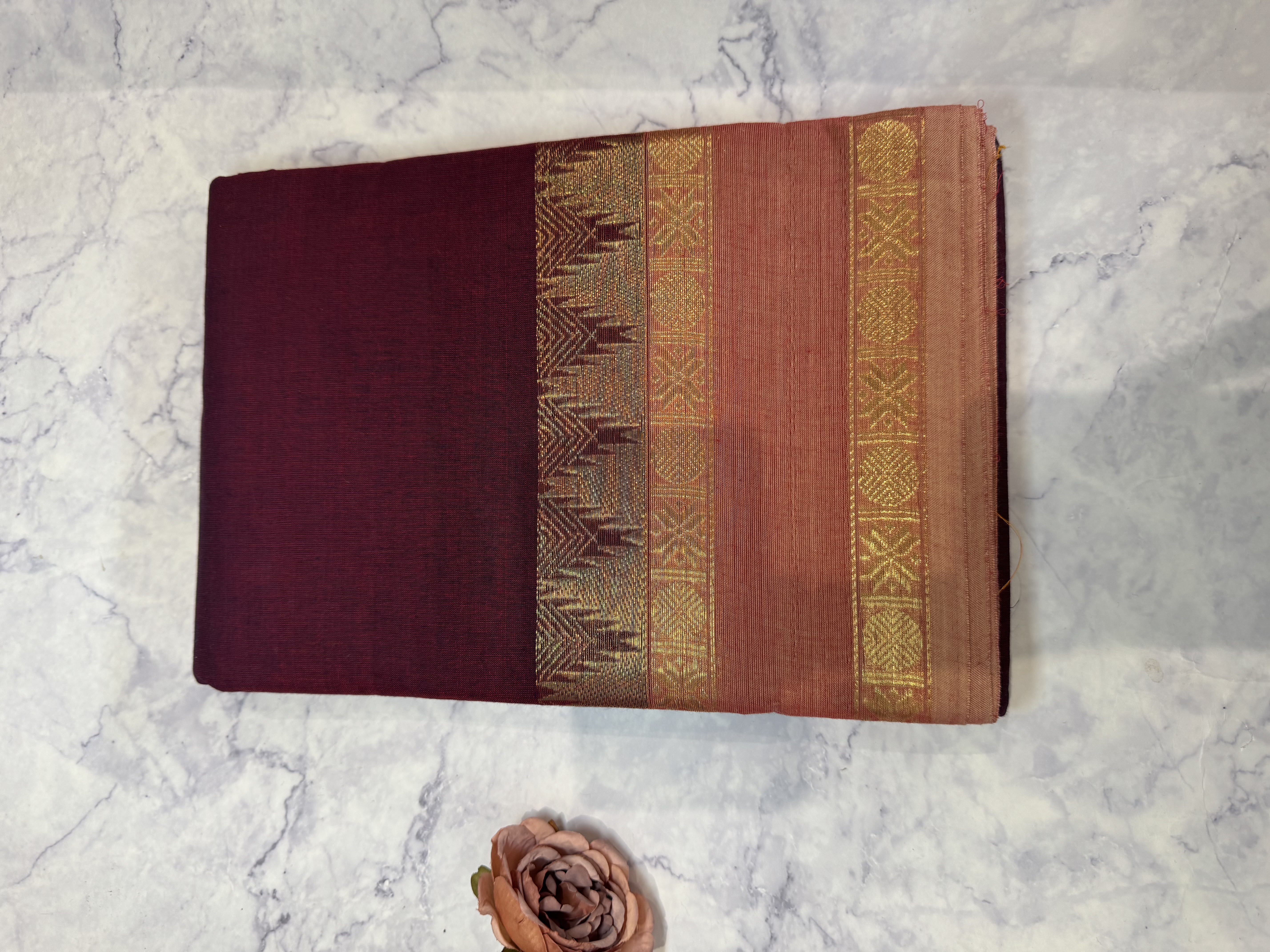 Maroon cotton saree with pink border
