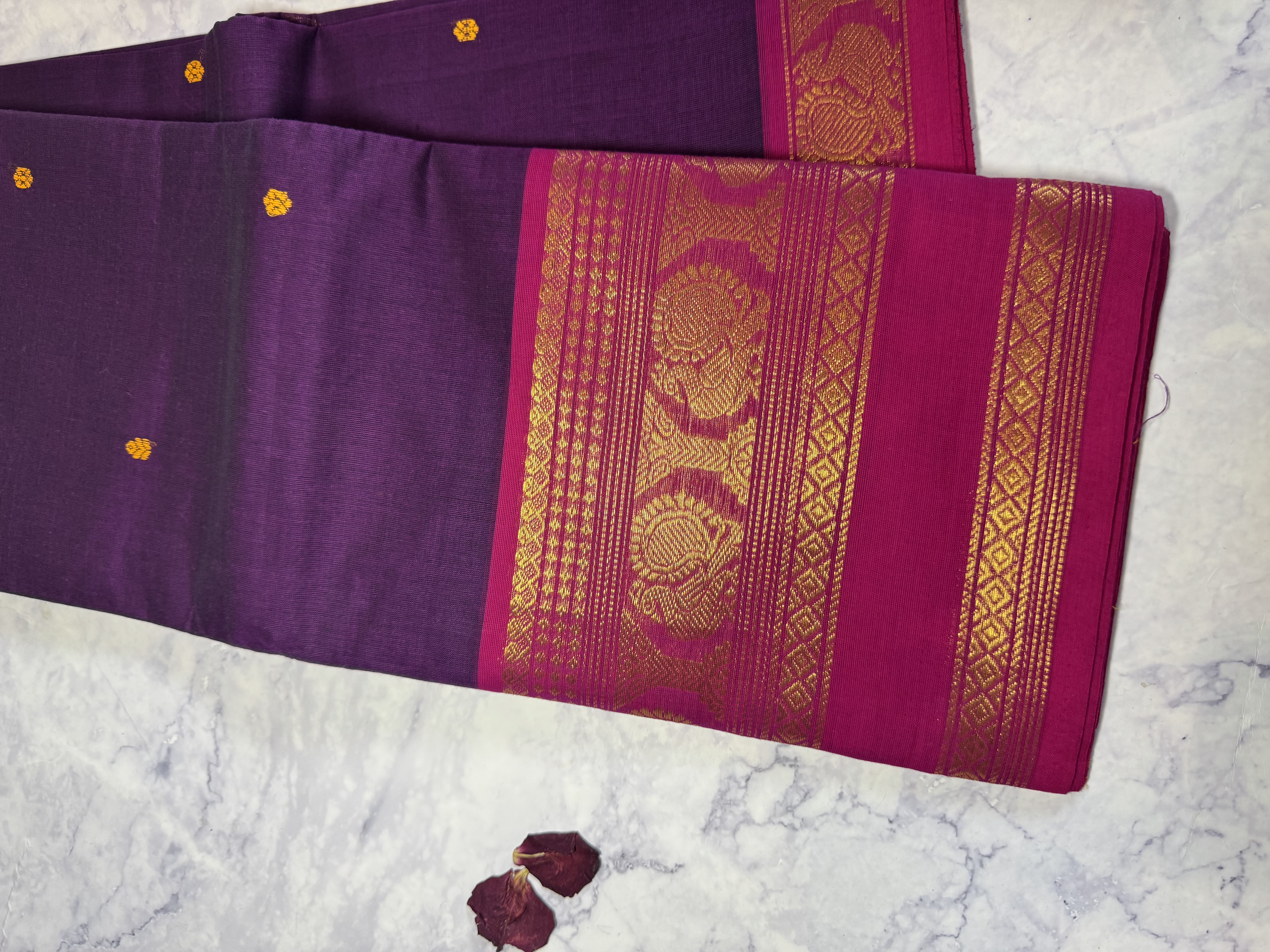 Purple cotton saree with pink border