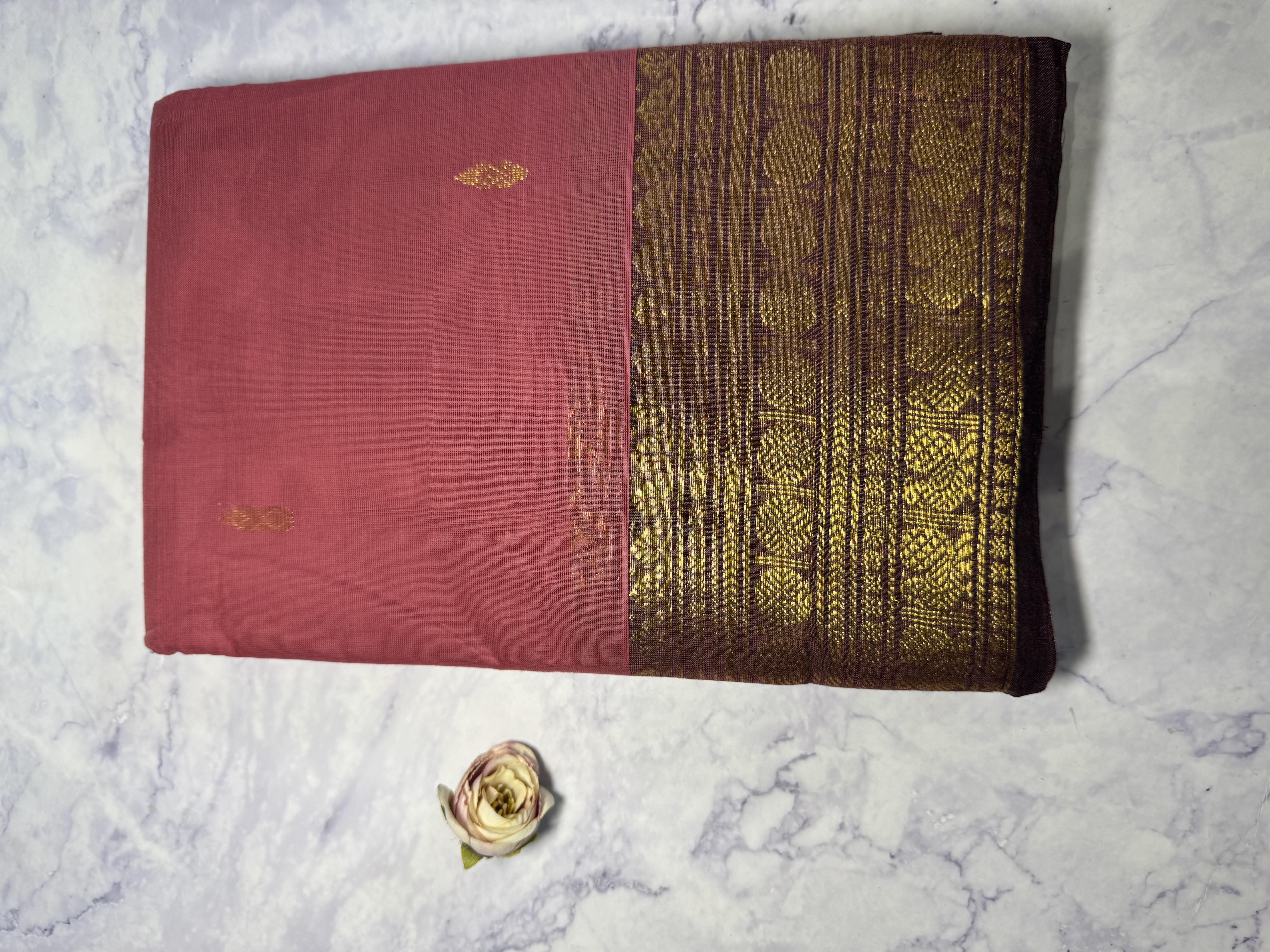 Blush pink cotton saree with brown border 