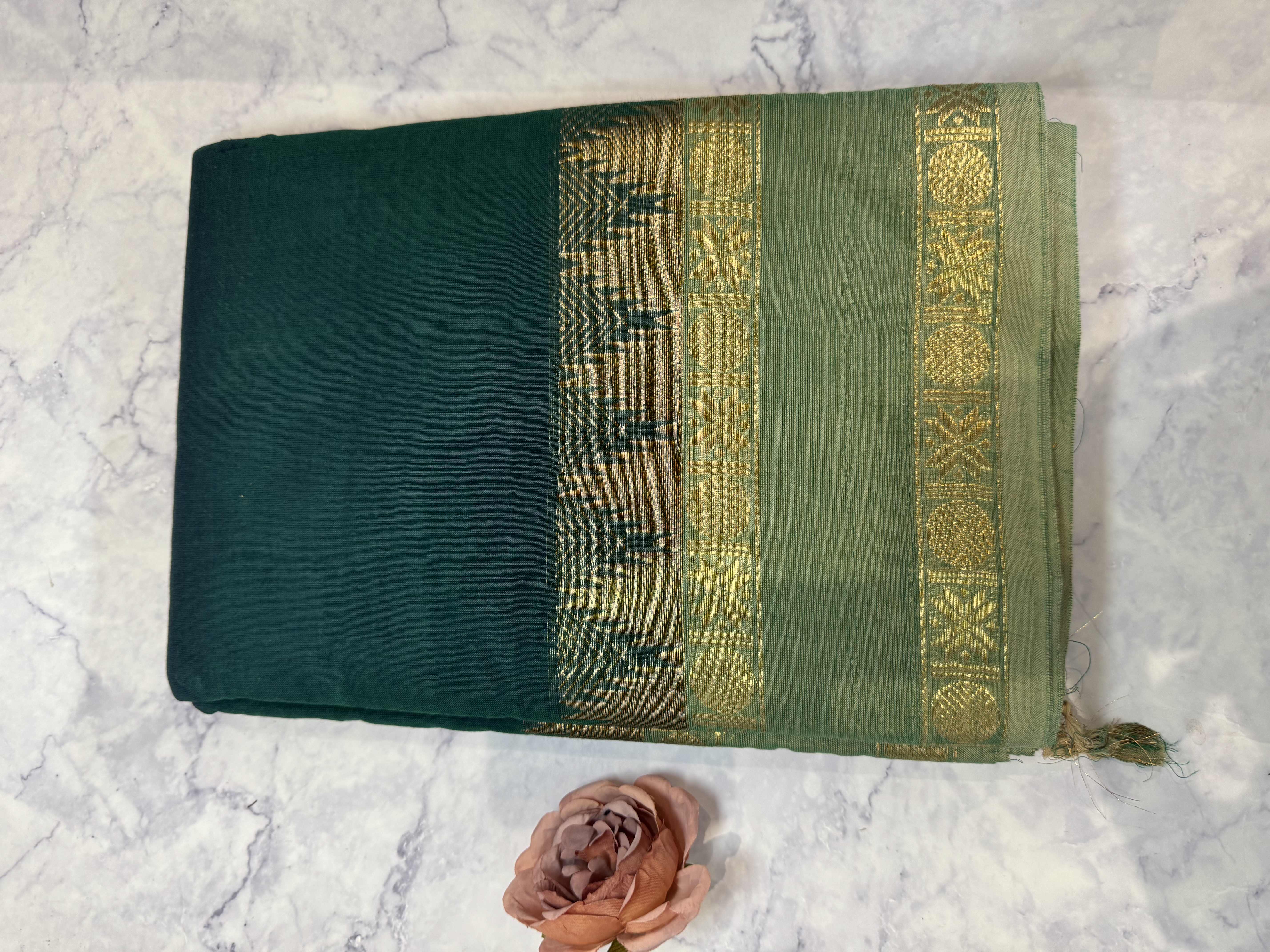 Emerald green cotton saree with sage green border