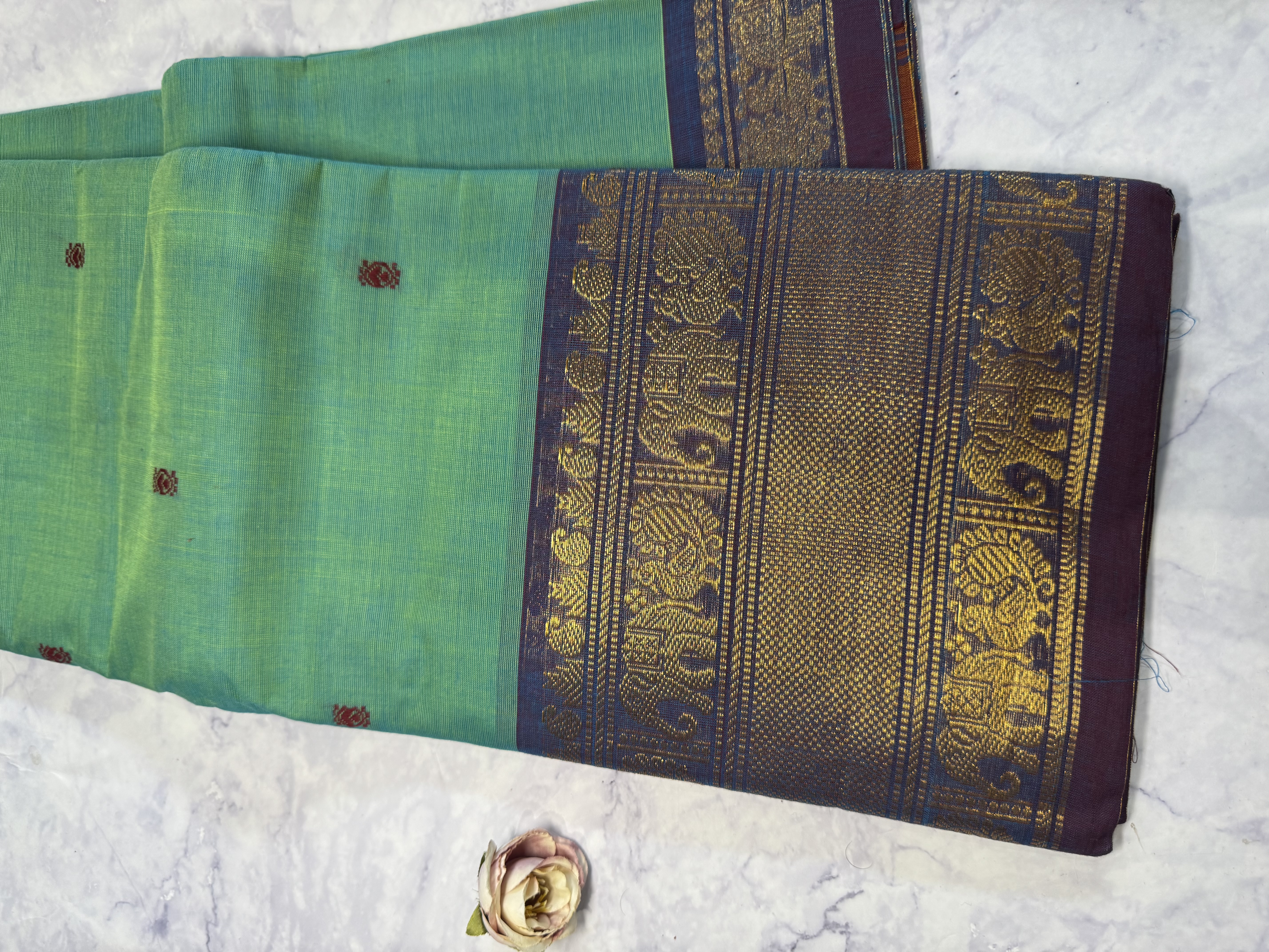 Mint green cotton saree with lavender border