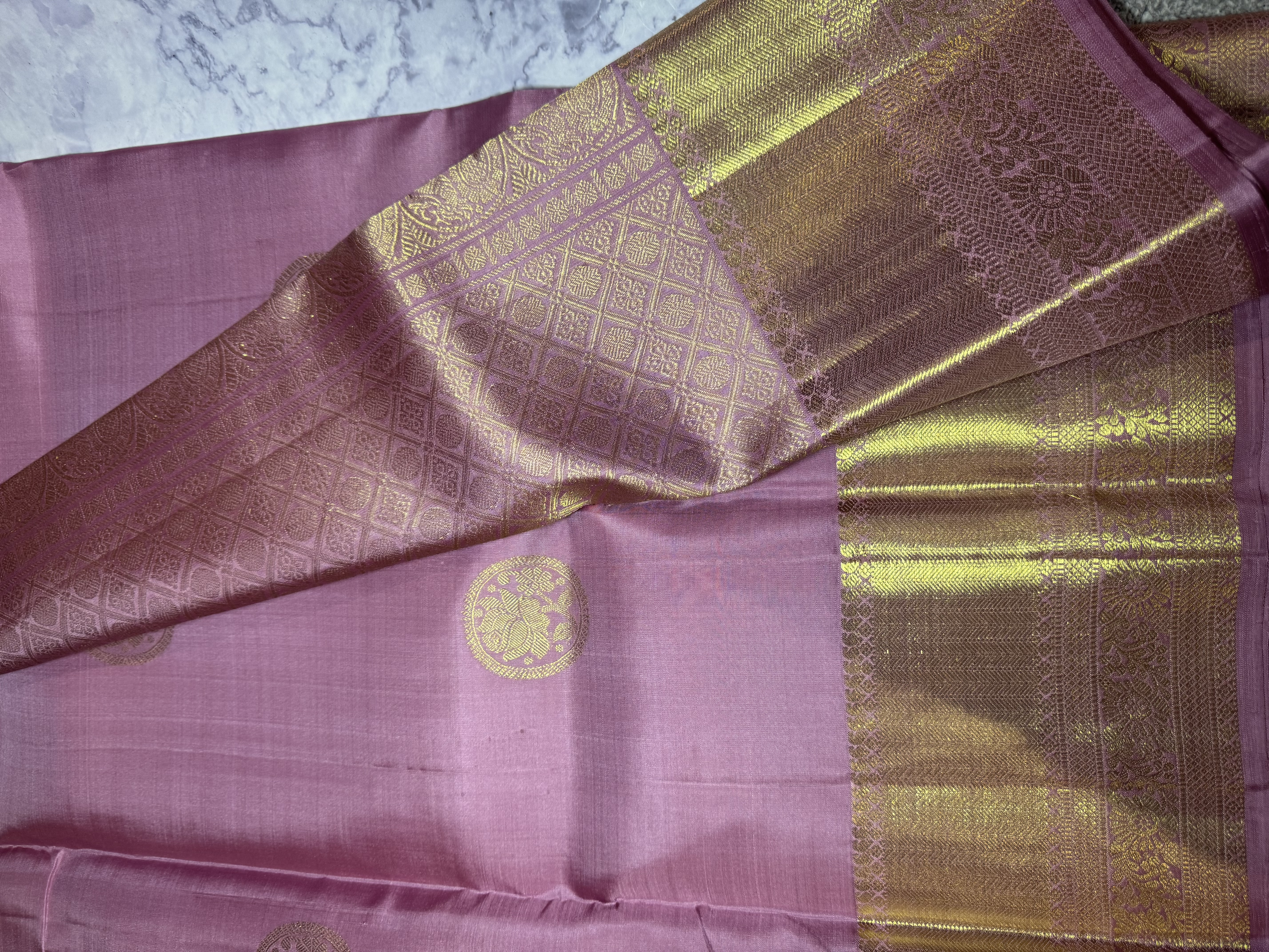 Blush pink pure silk kanchipuram with gold zari rose buttas