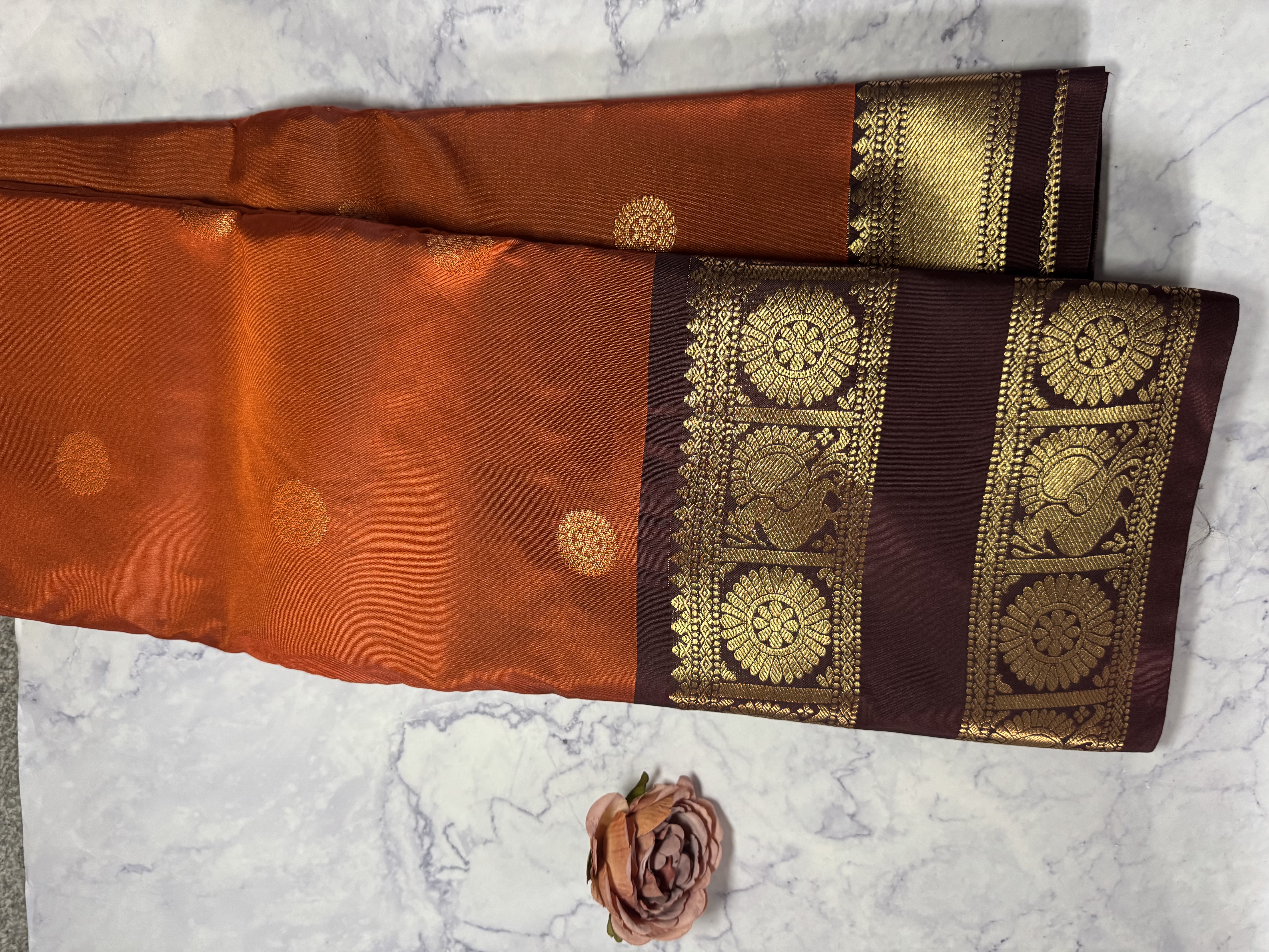 Burnt orange semi silk with brown blousd