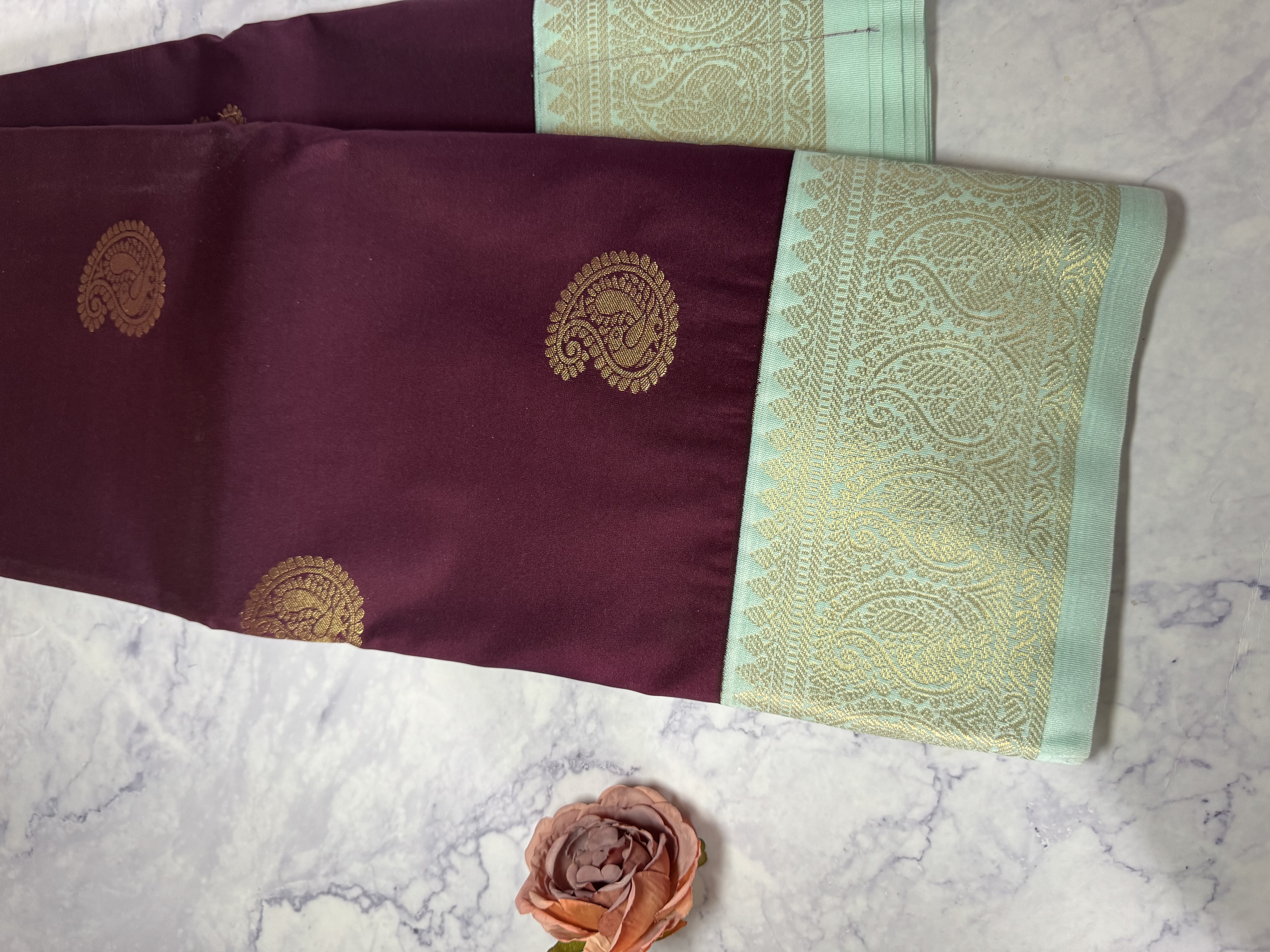 Maroon semi silk saree with aqua blue blouse