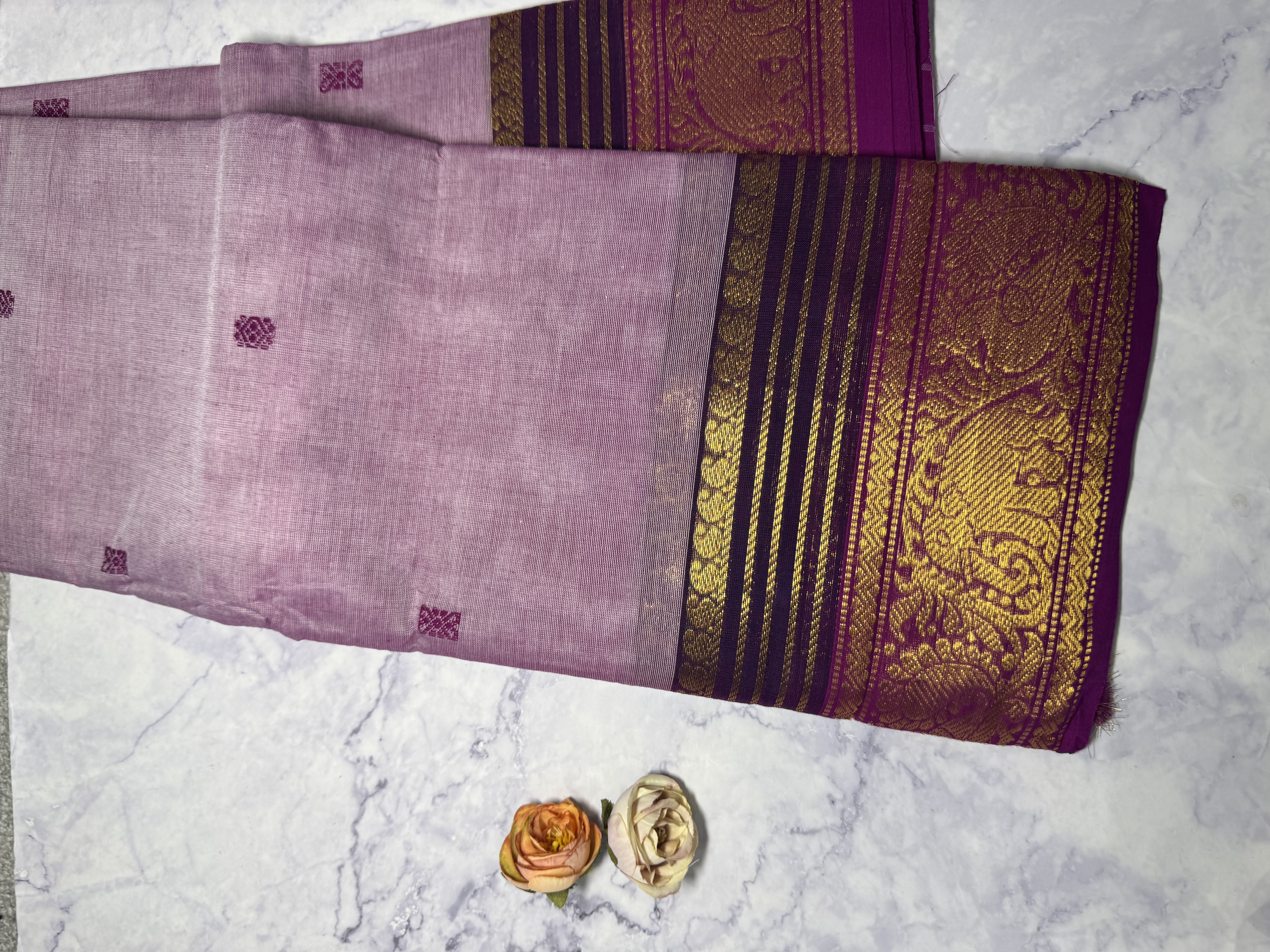 Lavender cotton saree with striped purple border