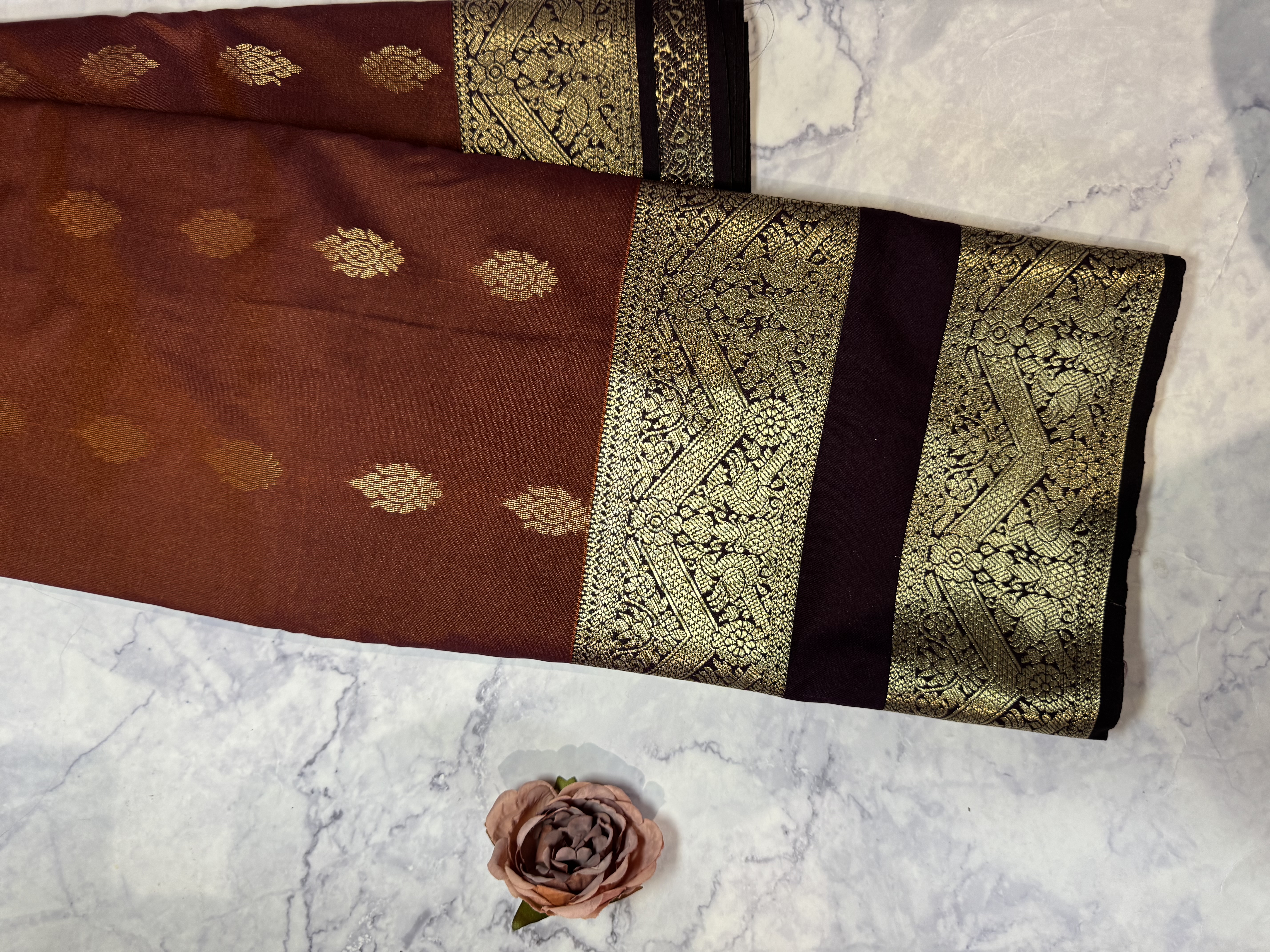 Medium brown semi silk with plum blouse