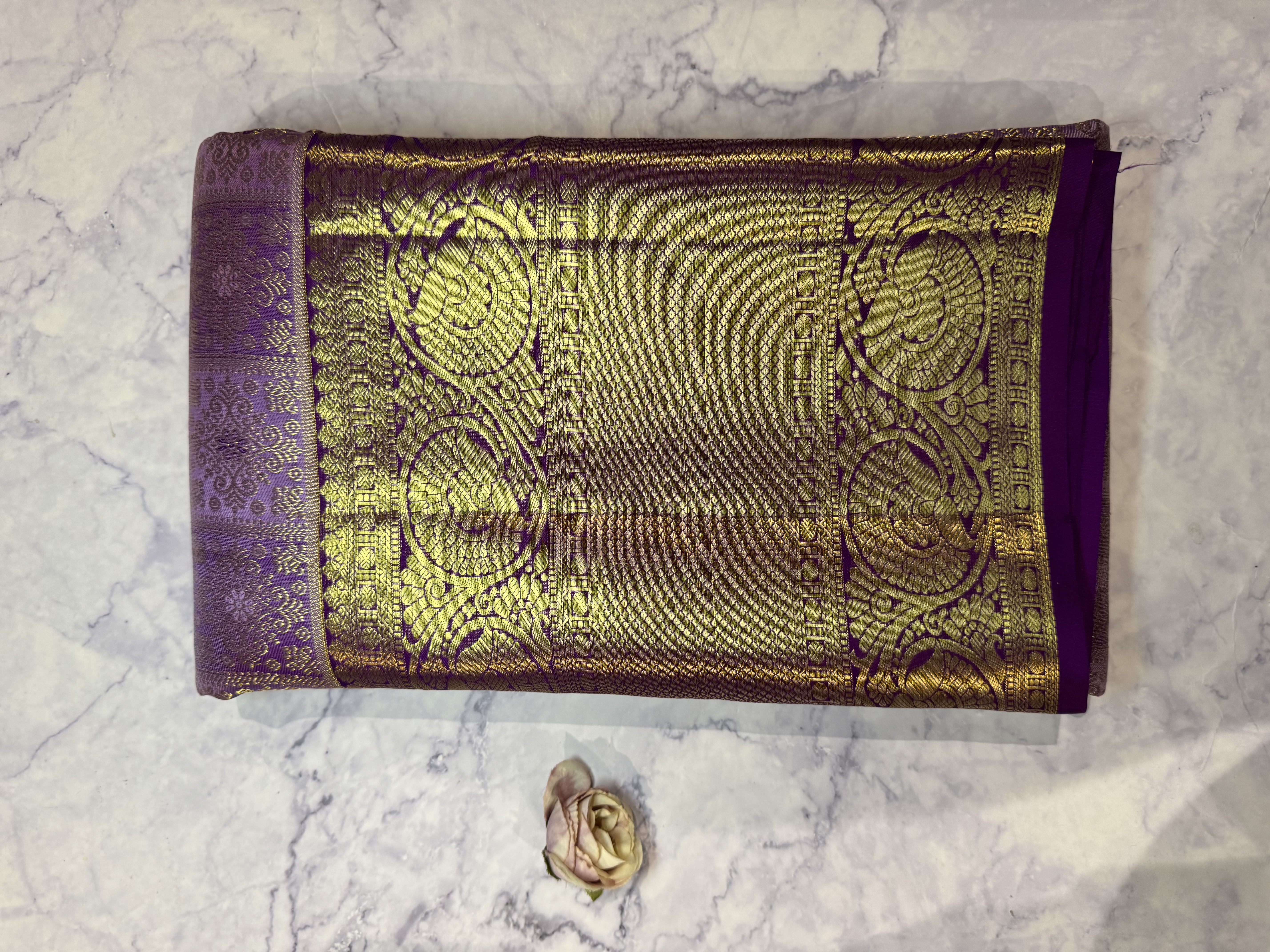 Pure silk kanchipuram lavender powerloom saree square design