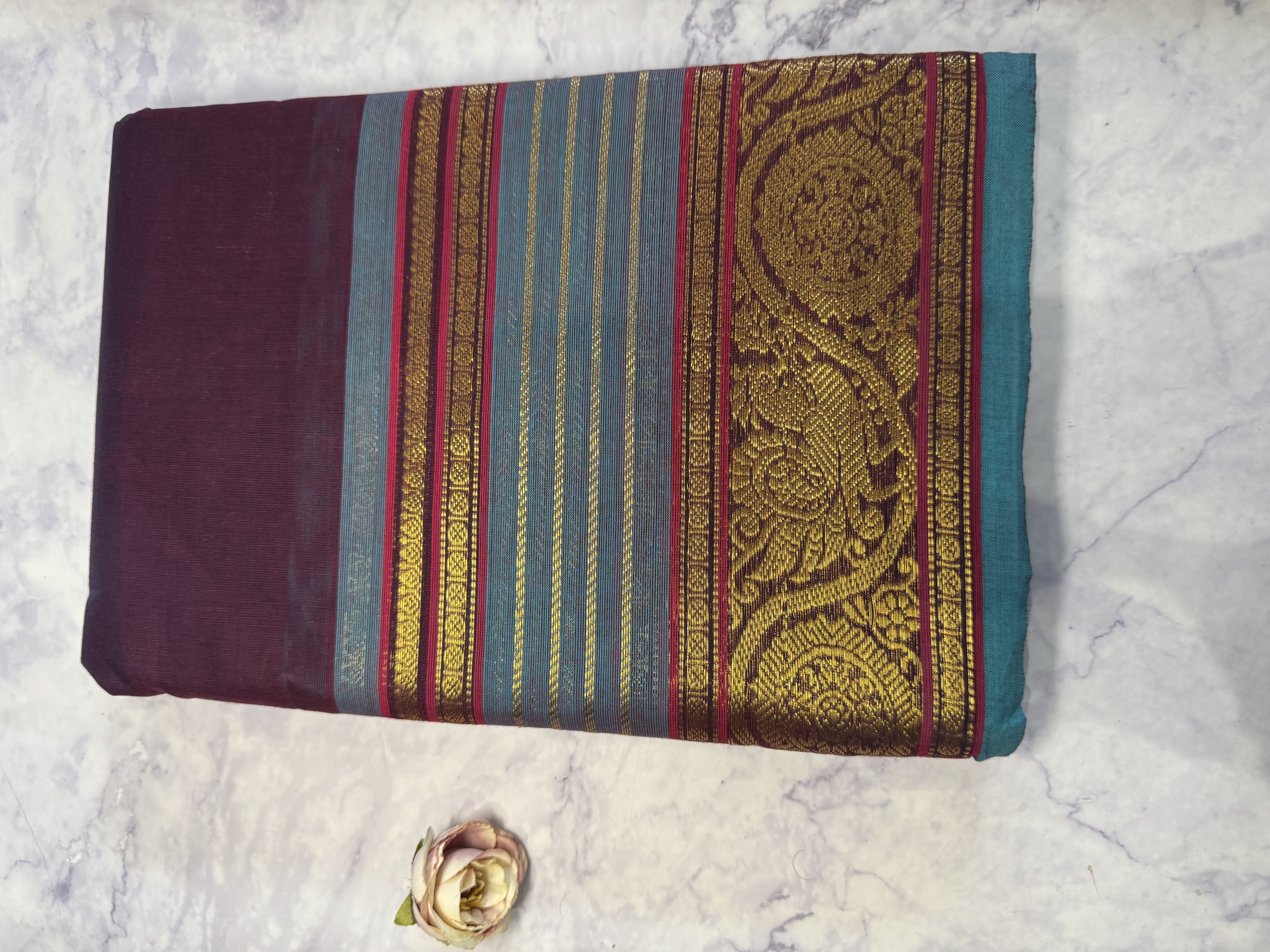 Dark purple cotton saree with blue border