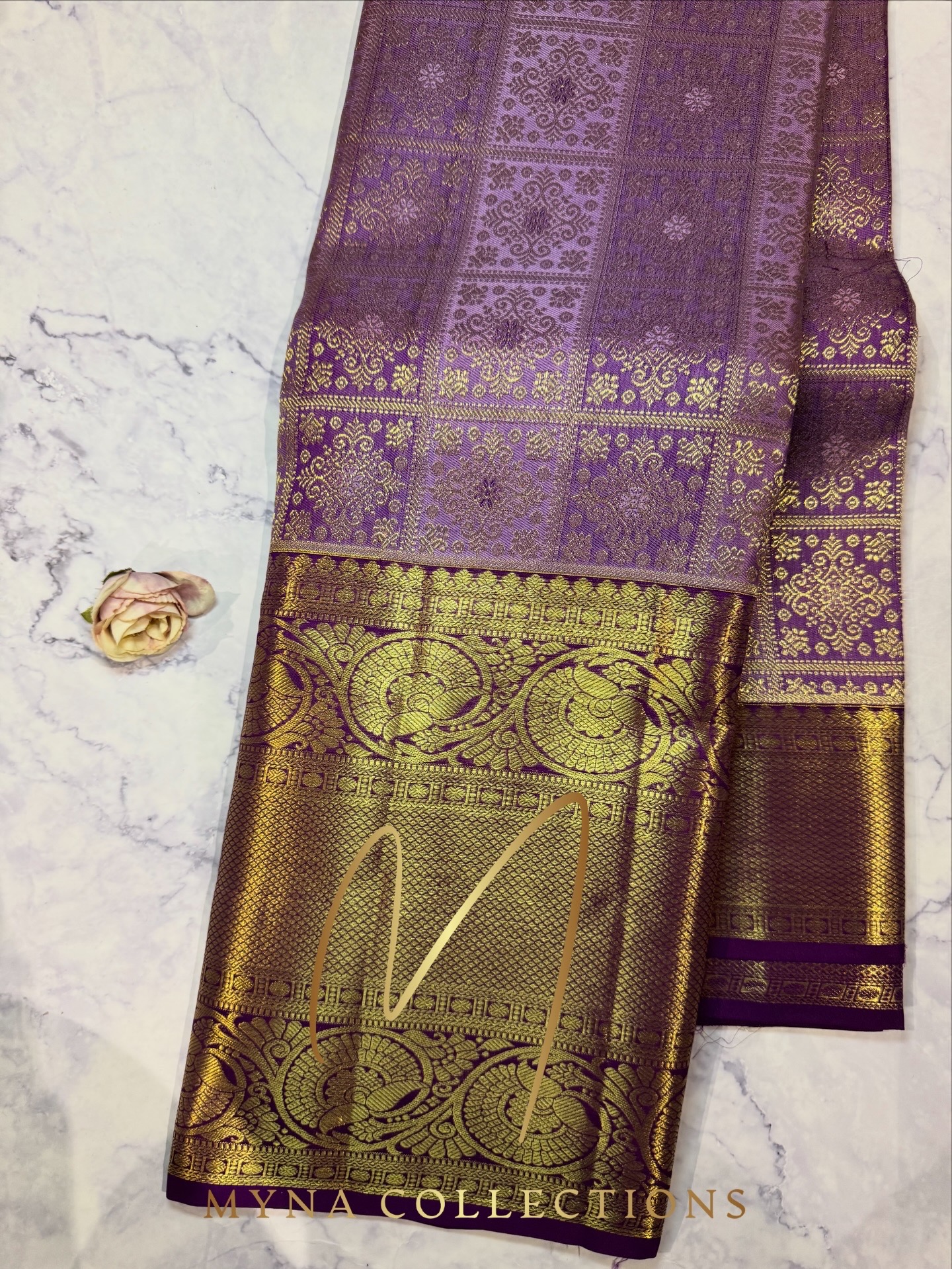 Pure silk kanchipuram lavender powerloom saree square design