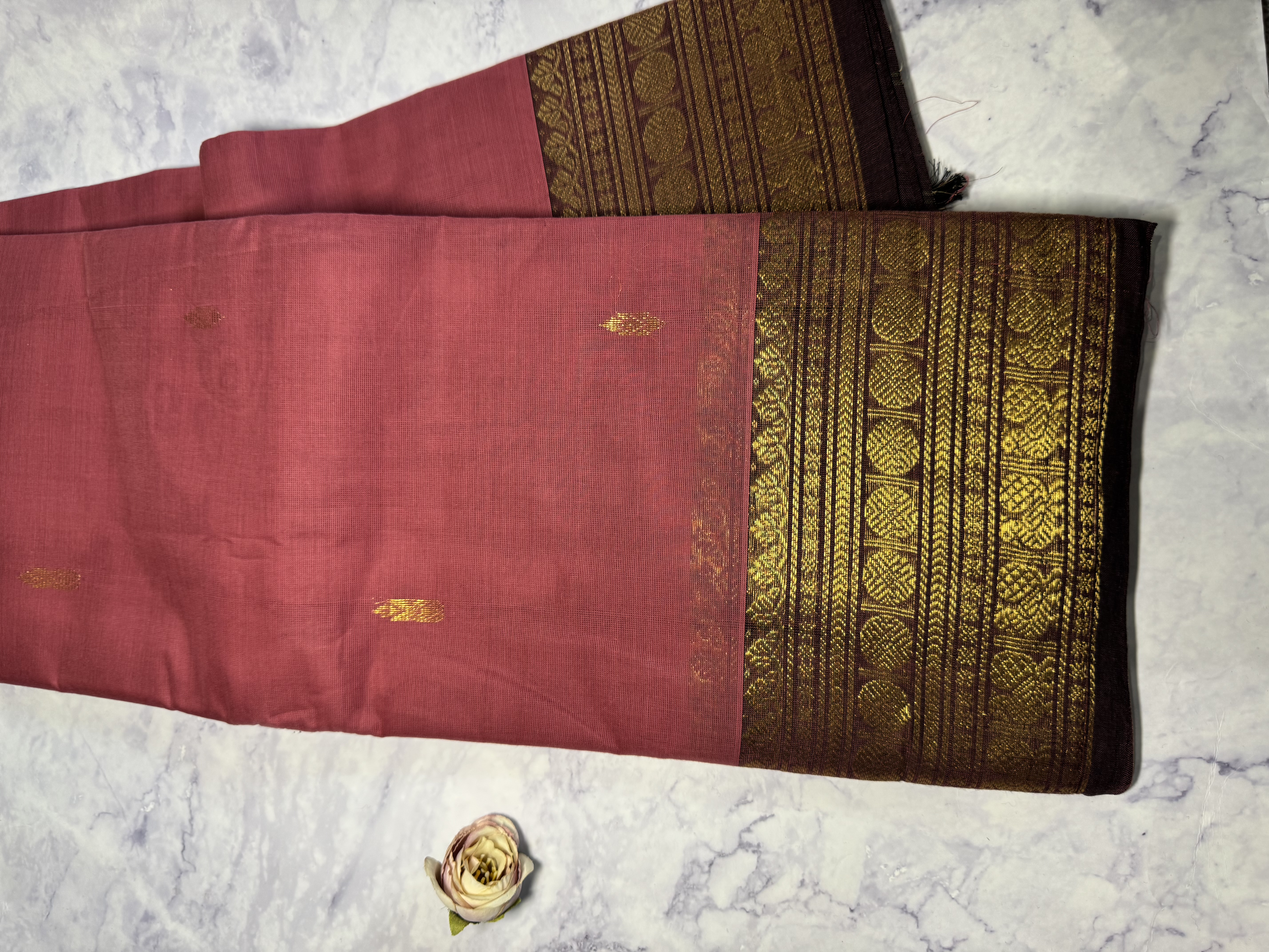 Blush pink cotton saree with brown border 