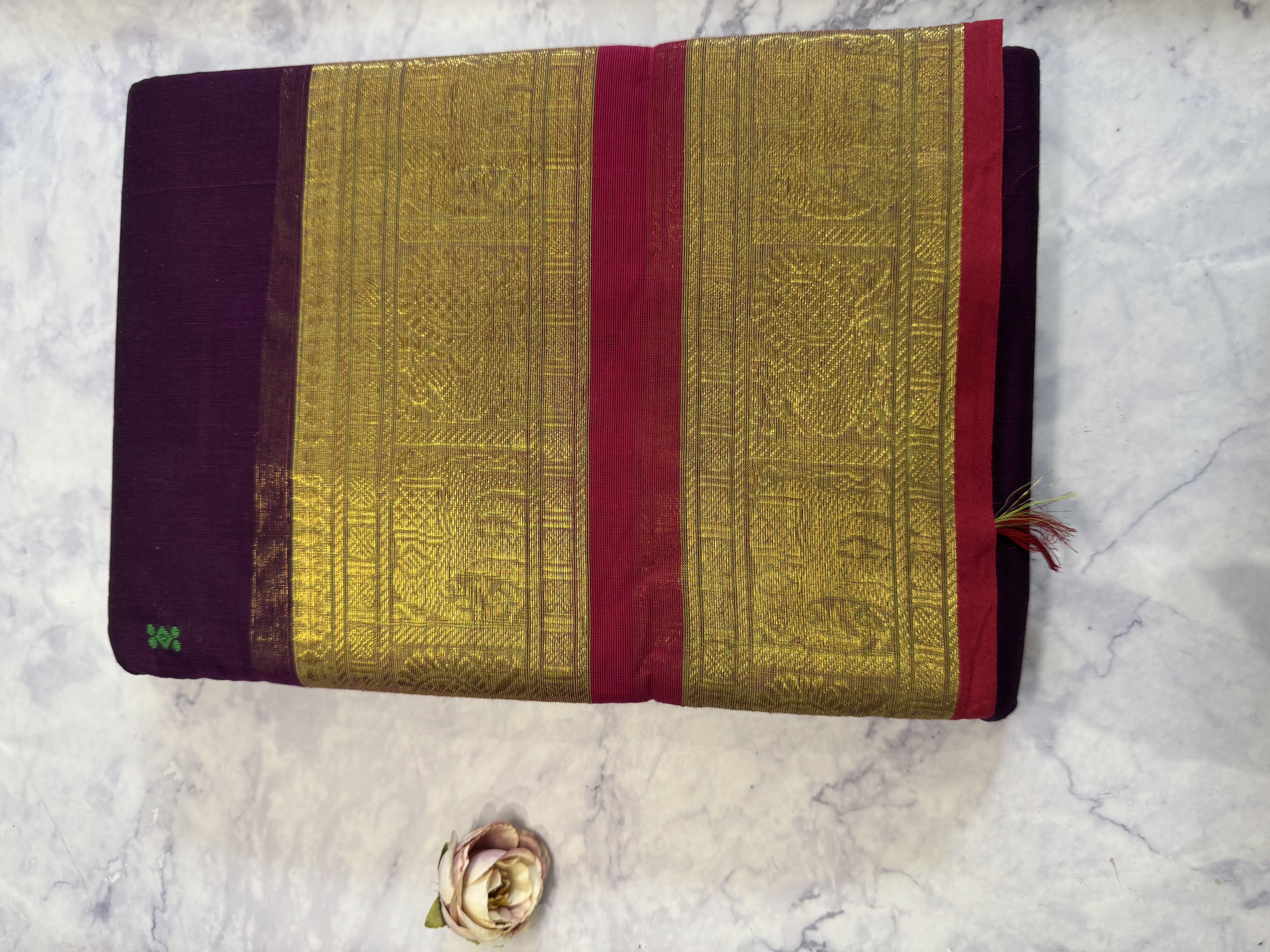Dark purple cotton saree with red border