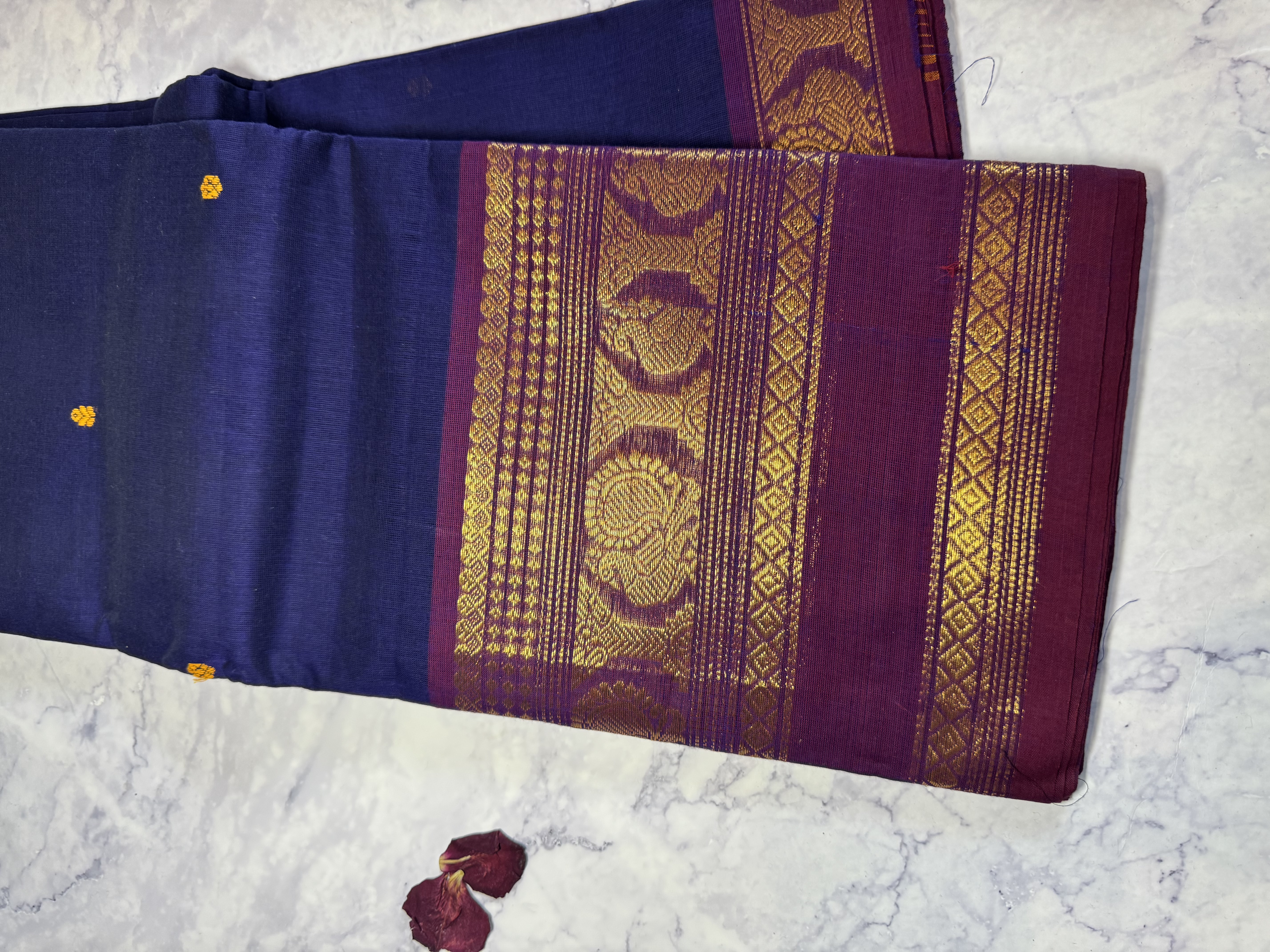 Navy blue cotton saree with purple red border