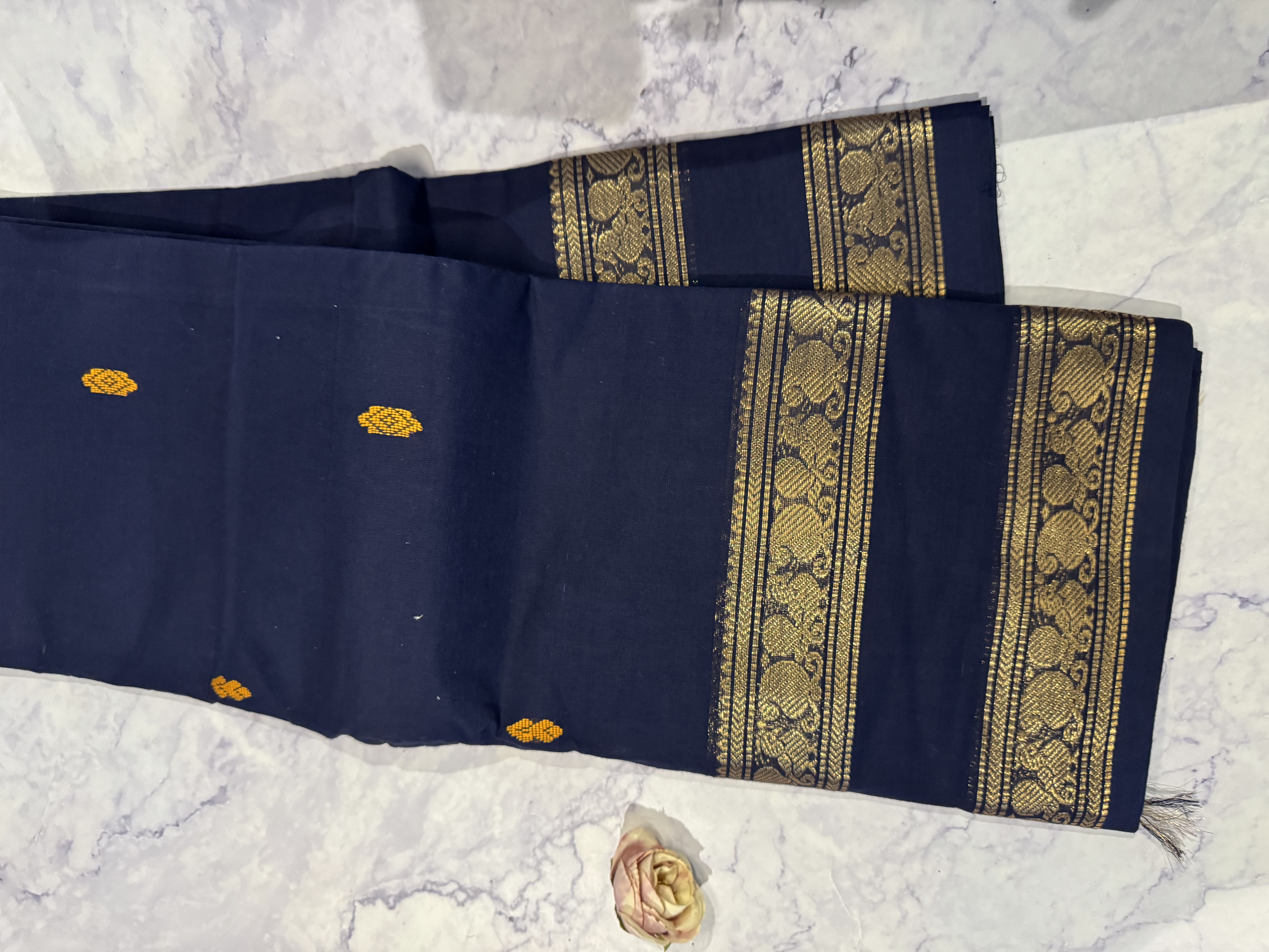 Navy blue cotton saree with gap border