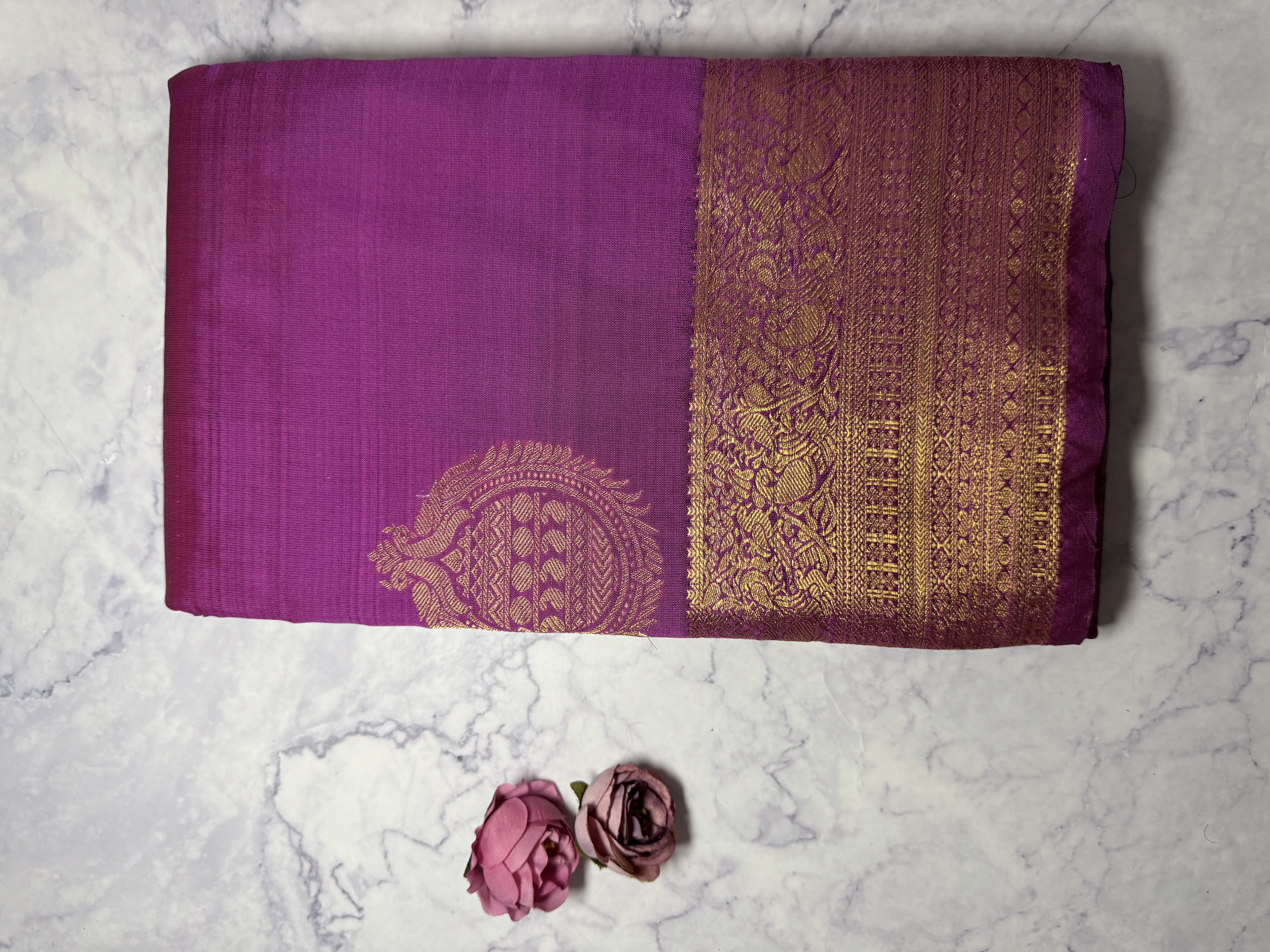 Purple Silk Saree with Gold Zari Border