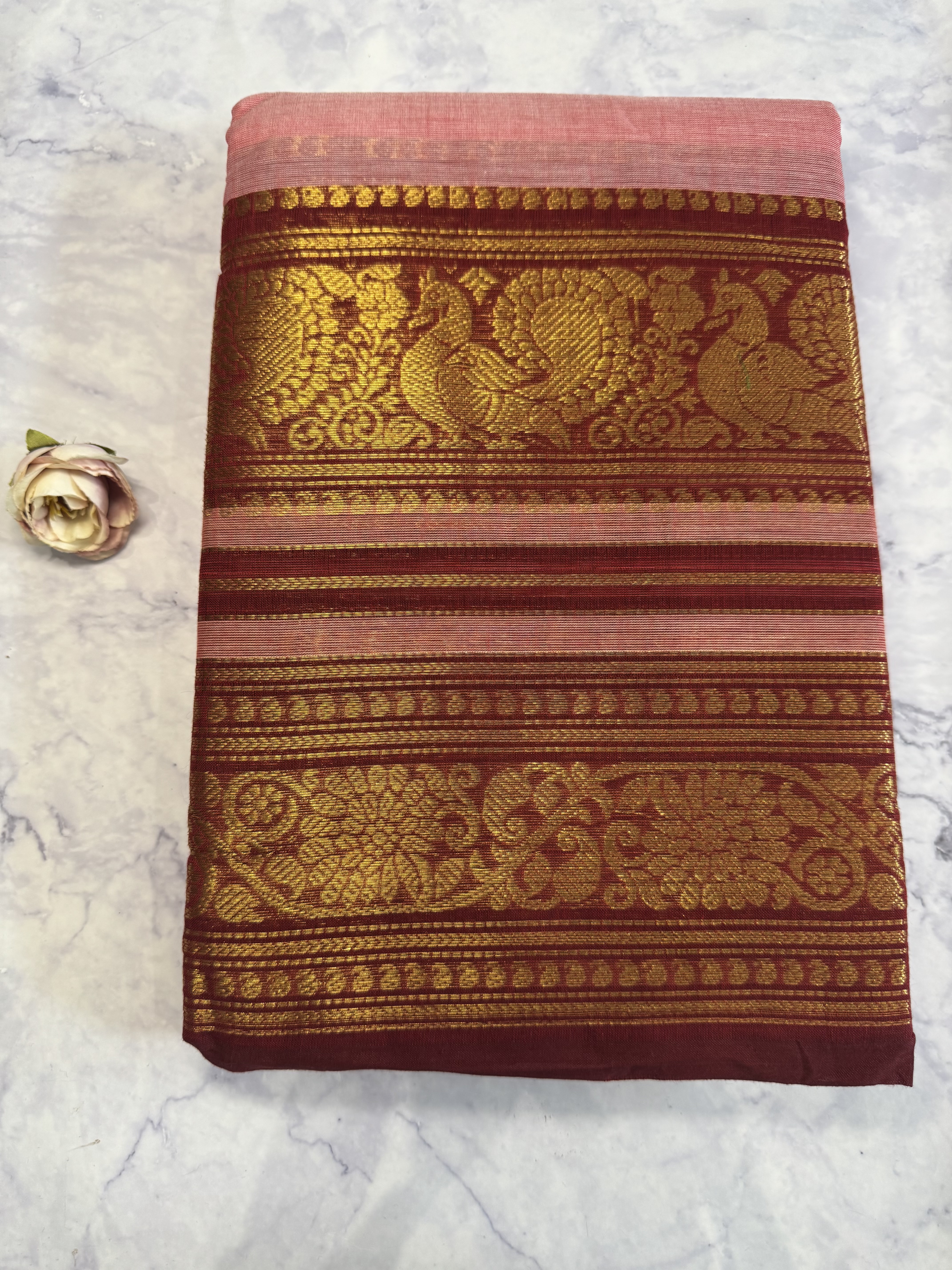 Baby pink cotton saree with red classic border